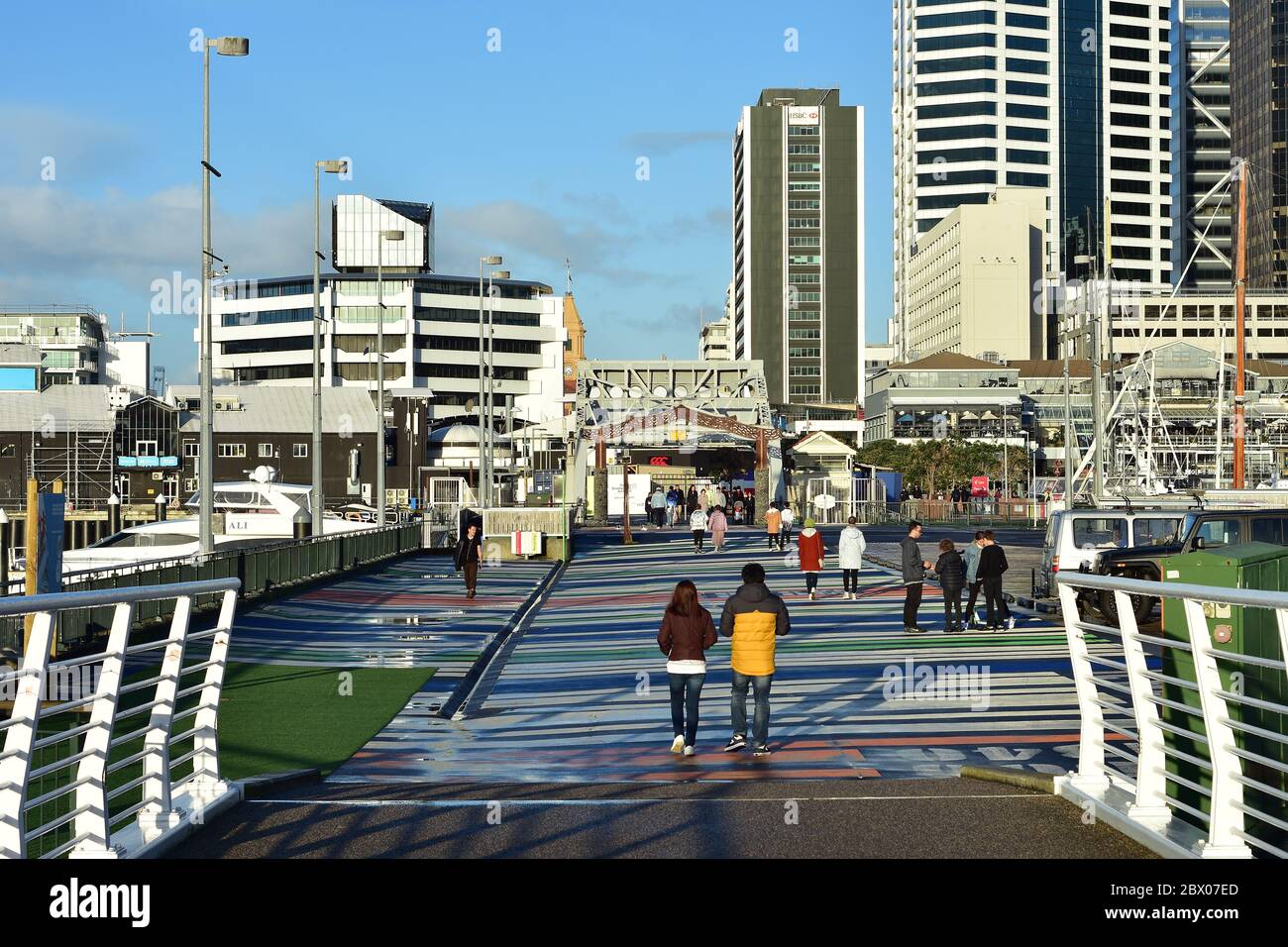Wynyard Crossing with lifting bridge and recreational area separating Viaduct Harbour from open sea. Stock Photo