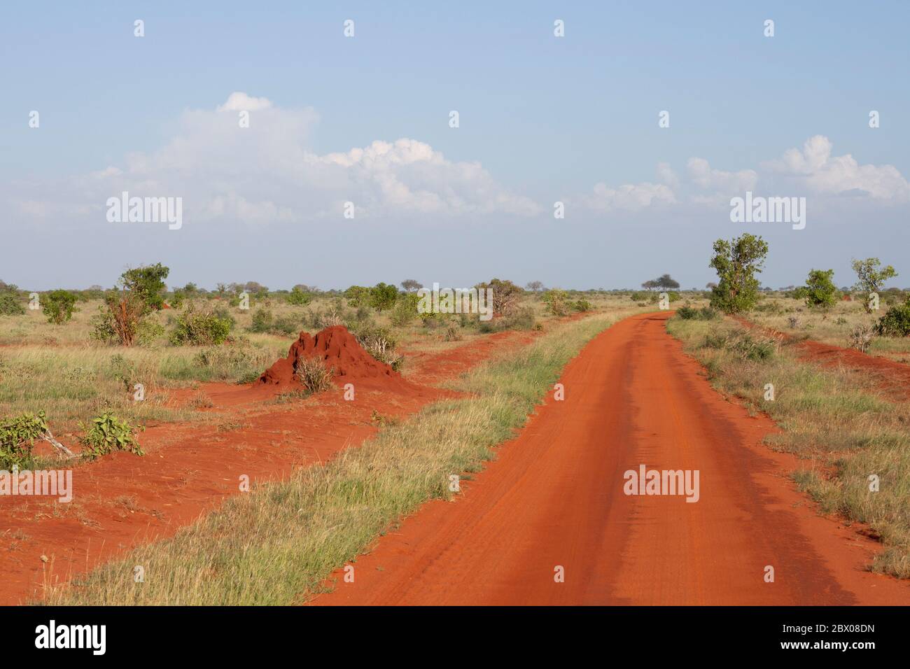 Street with red soil in Kenya with typical African landscape Stock