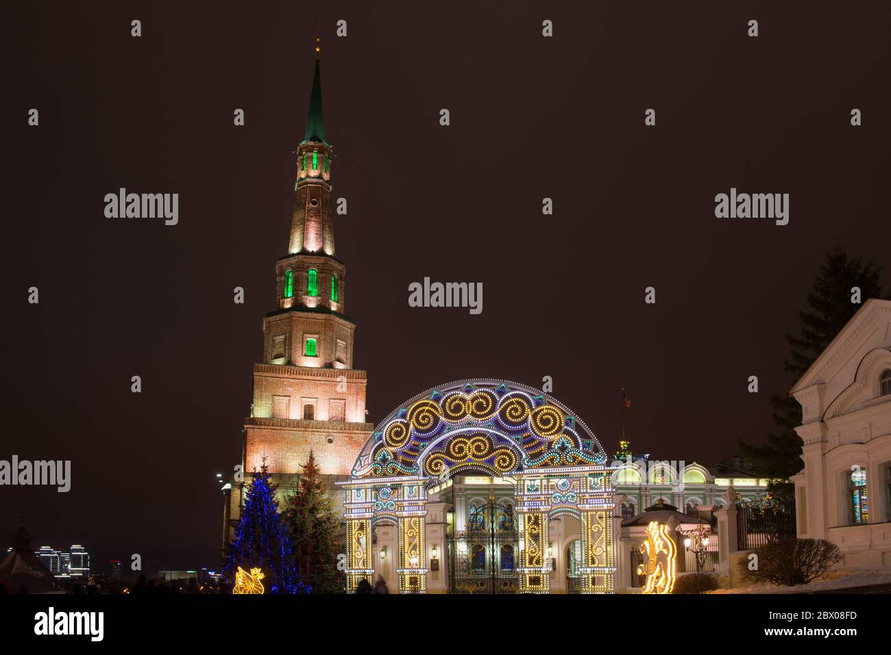 KAZAN, RUSSIA - JANUARY 4 2020: Suyumbike tower in New Year's Eve - sentinel (watch) tower in the Kazan Kremlin . Syuyumbike tower also belongs to the Stock Photo