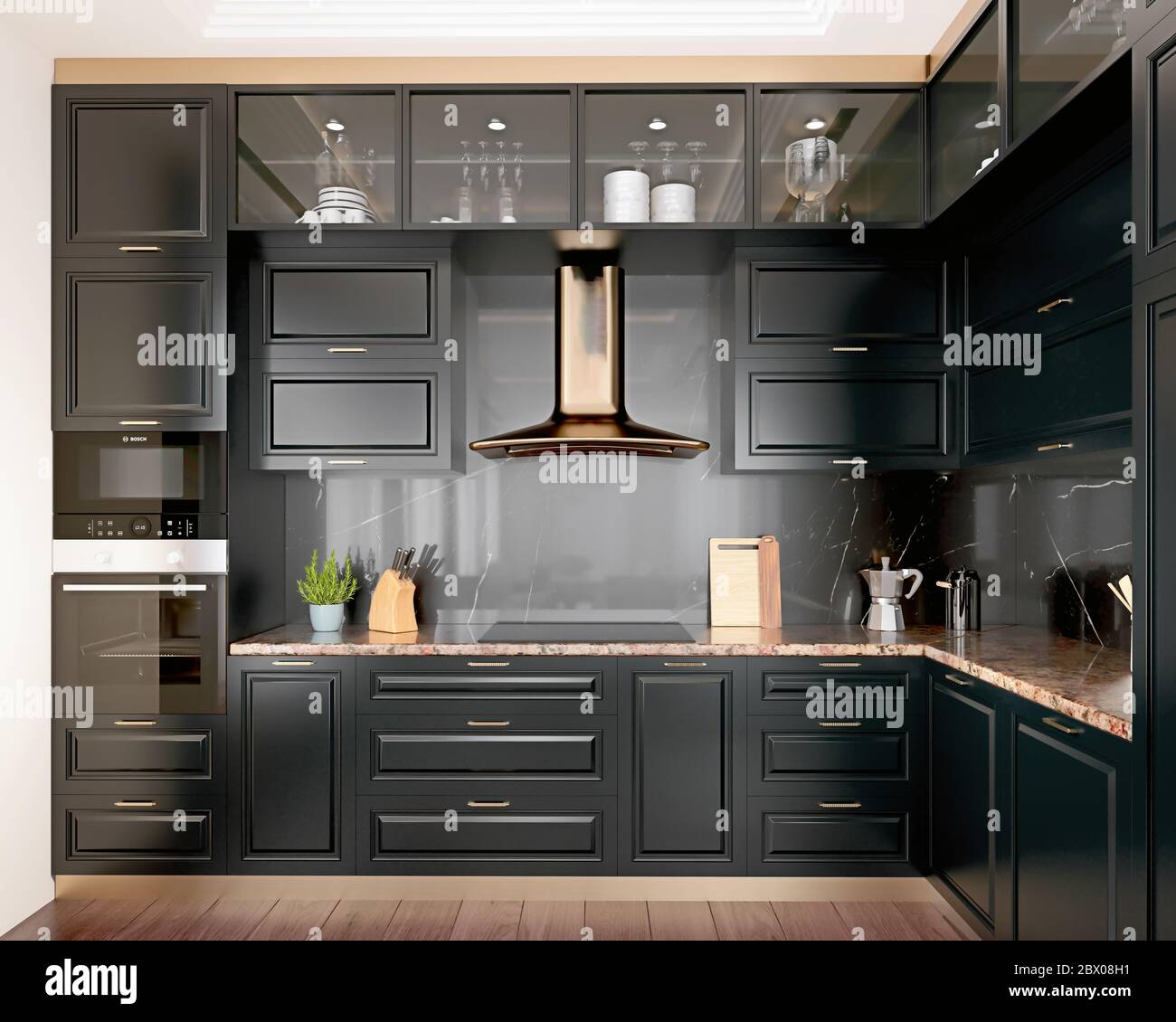 Modern interior design kitchen with black marble, black cabinets, dark gold trim and granite countertop, 3d render, 3d illustration Stock Photo