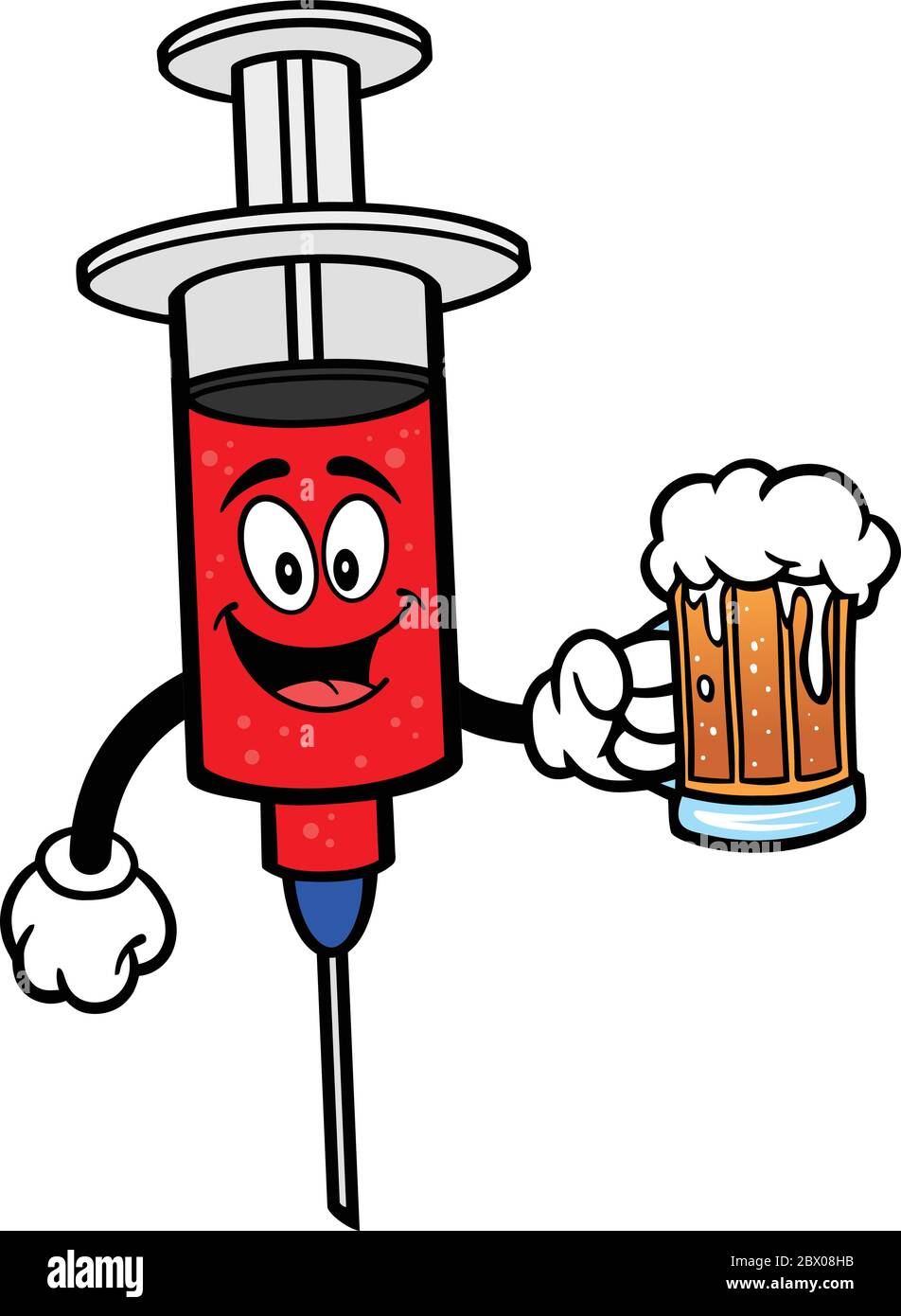 Syringe with Beer - A cartoon illustration of a Syringe Mascot with a Beer. Stock Vector