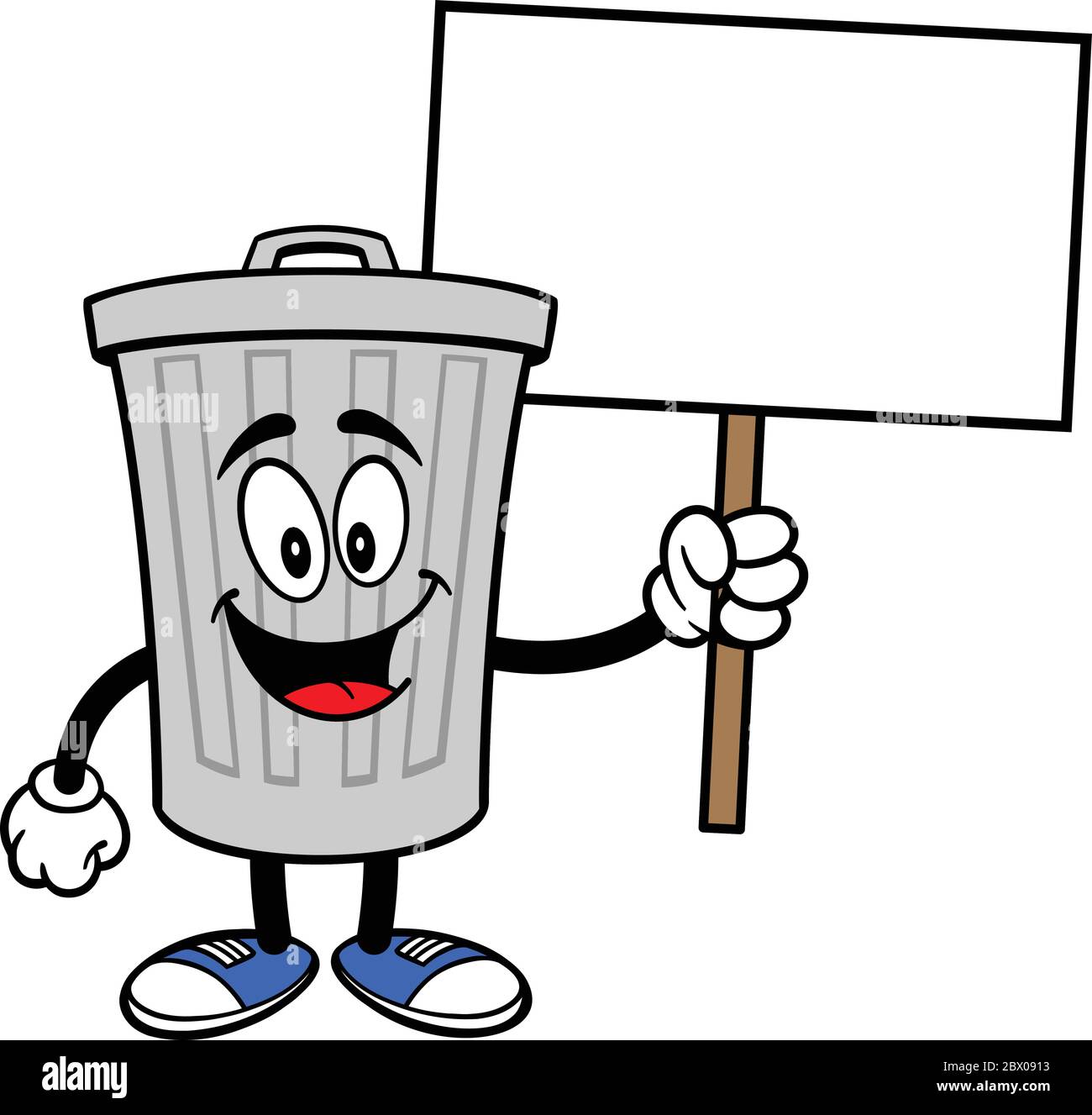 Trash Can Mascot with Sign A Cartoon Illustration of a Trash Can