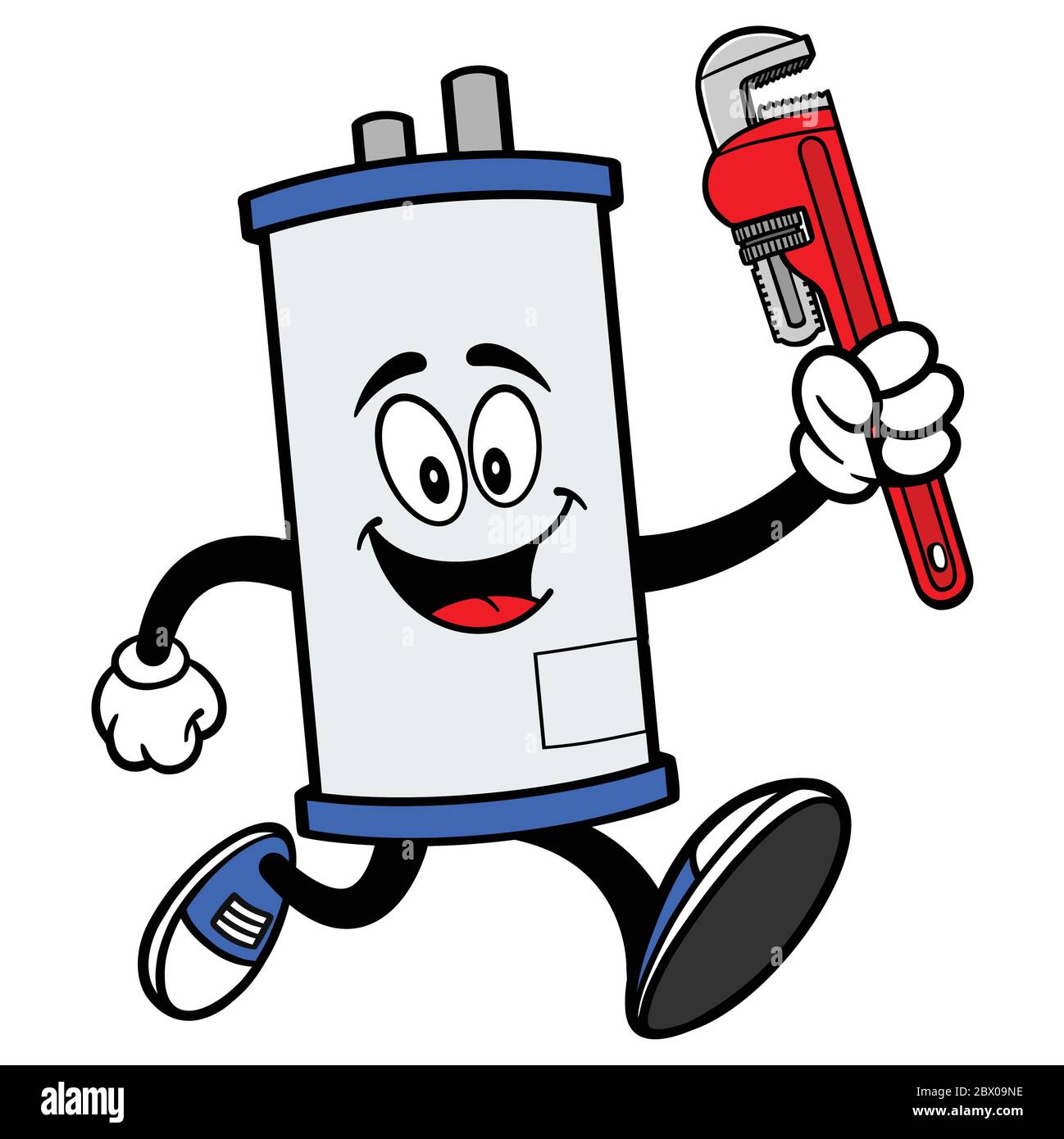 Water Heater Running with Pipe Wrench A Cartoon Illustration of a Water Heater Running with a