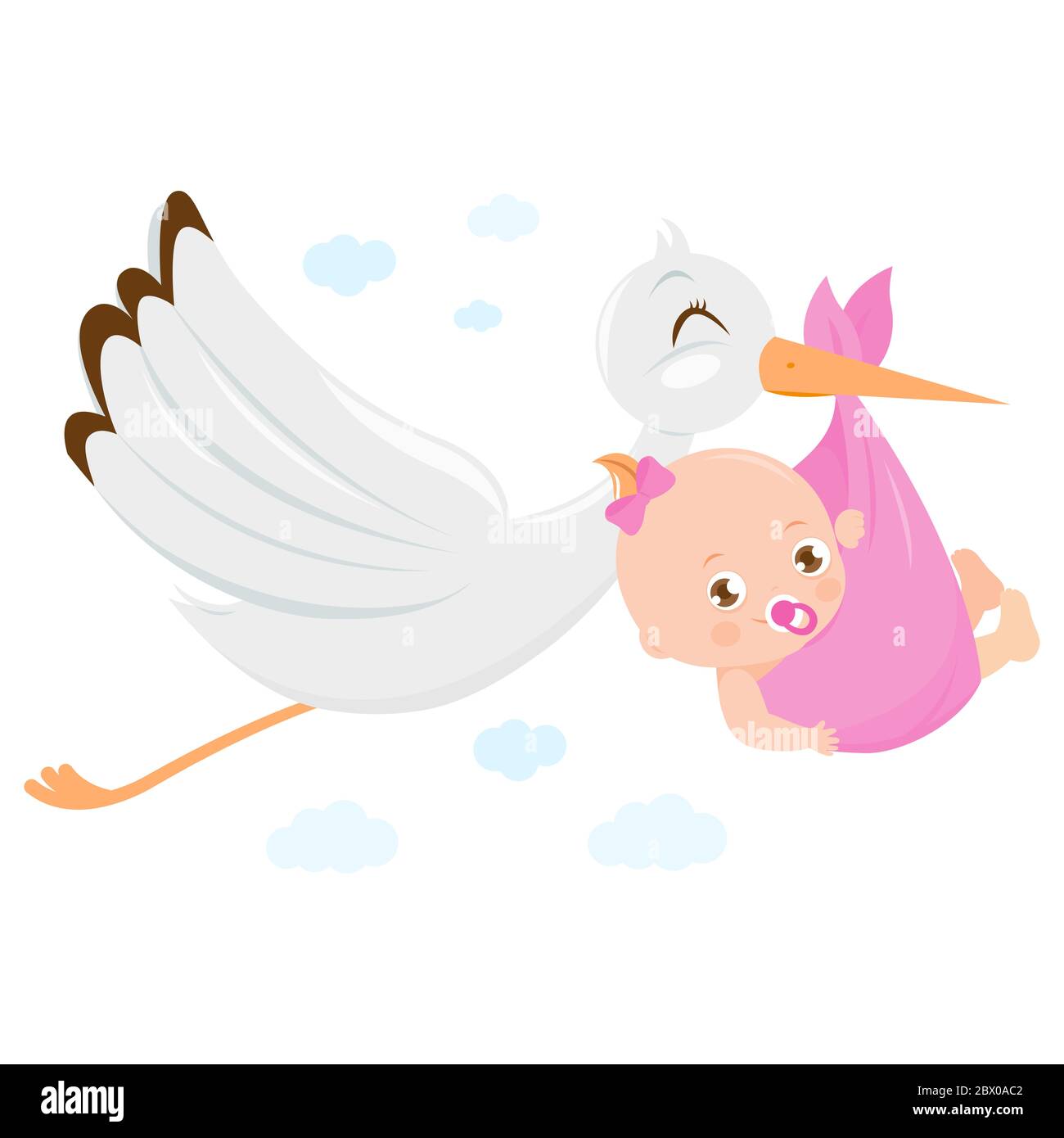 A stork flying in the sky and delivering a cute newborn baby girl. Stock Photo