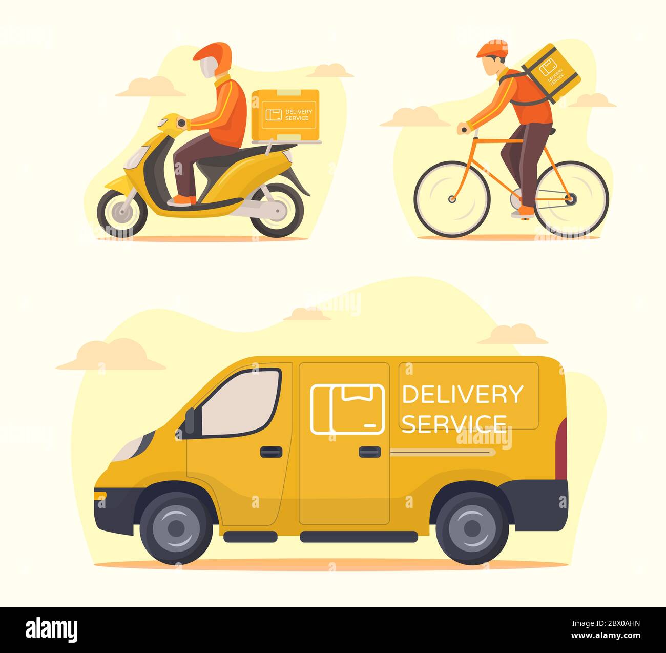 Courier Riding Delivery service transportation set courier riding motorcycle bicycle ...