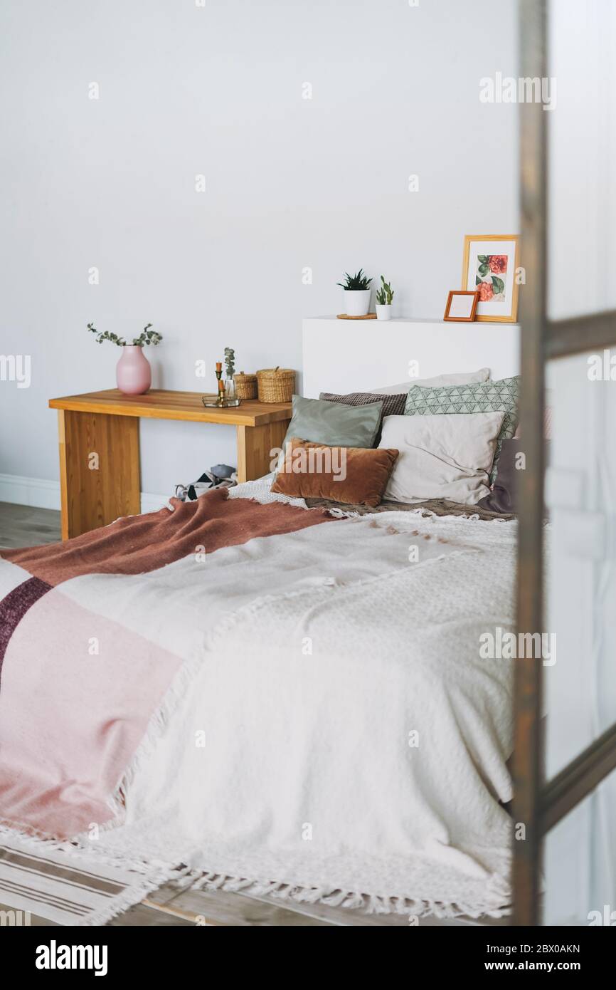 Scandinavian Modern Cozy Bright Interior In Bedroom At Home Stock Photo Alamy