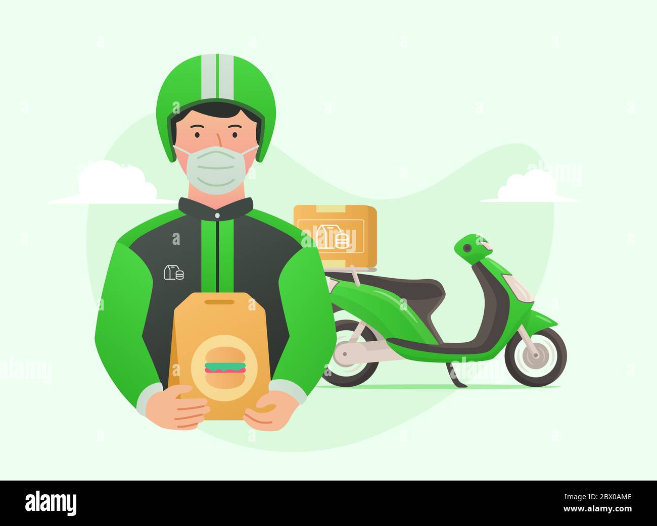 Driver online motorcycle taxi delivery food burger to customer order through application modern flat cartoon style vector illustration Stock Photo - Alamy Driver online motorcycle taxi delivery food burger to customer order through application modern flat cartoon style vector illustration Stock Photo - Alamy