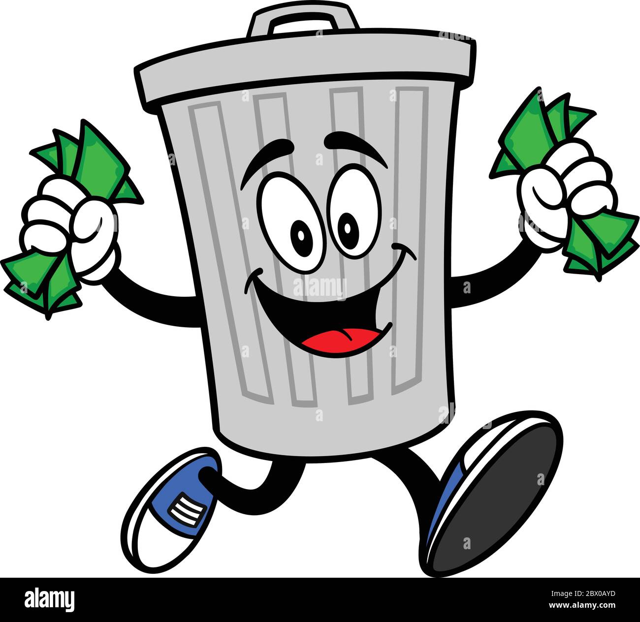 Trash Can Mascot Running with Money- A Cartoon Illustration of a Trash Can Mascot Running with Money. Stock Vector