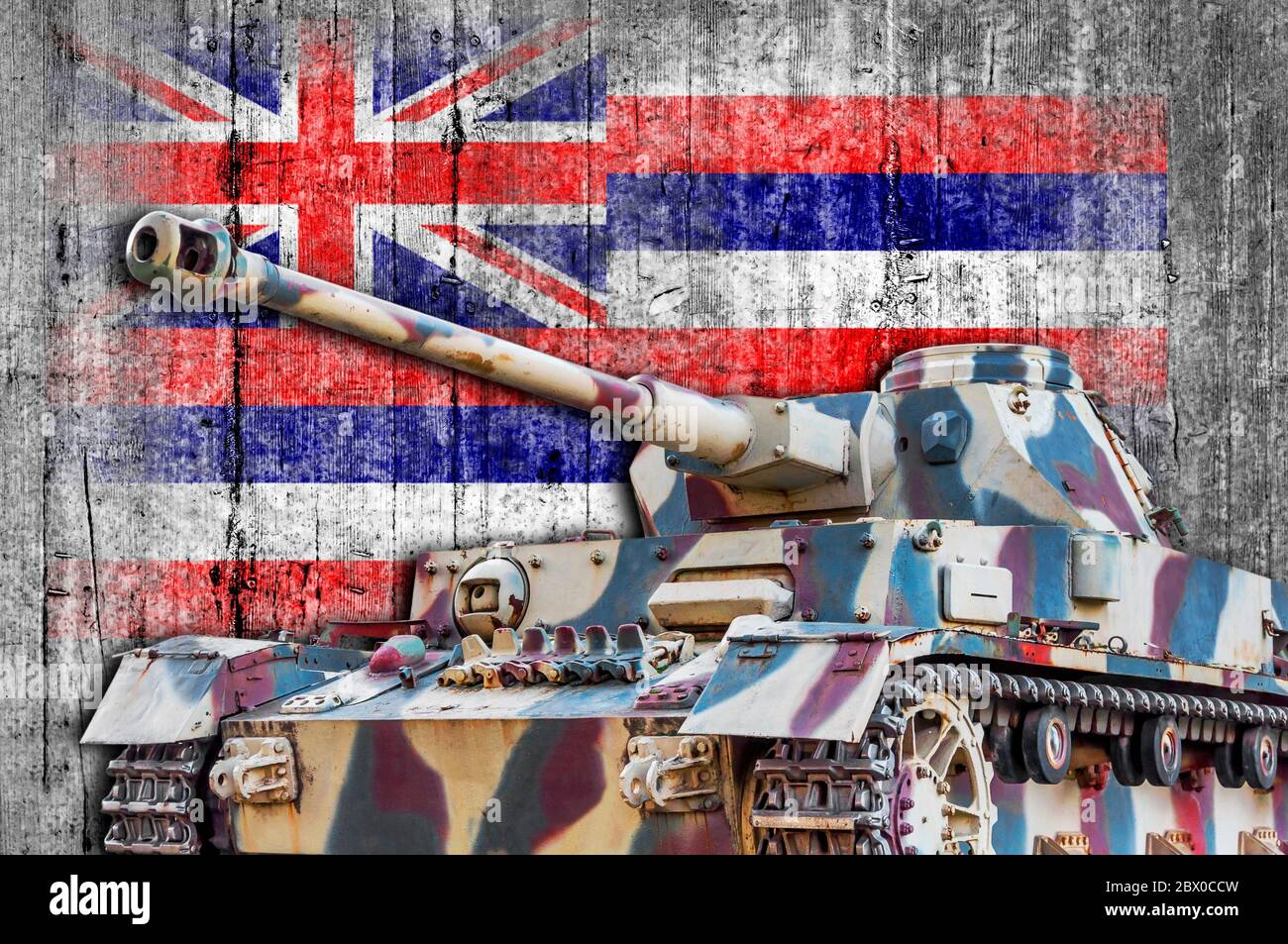 Military tank with concrete Hawaii flag Stock Photo Alamy
