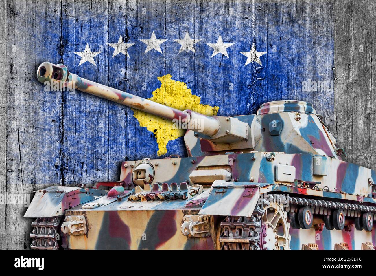 Military tank with concrete Kosova flag Stock Photo