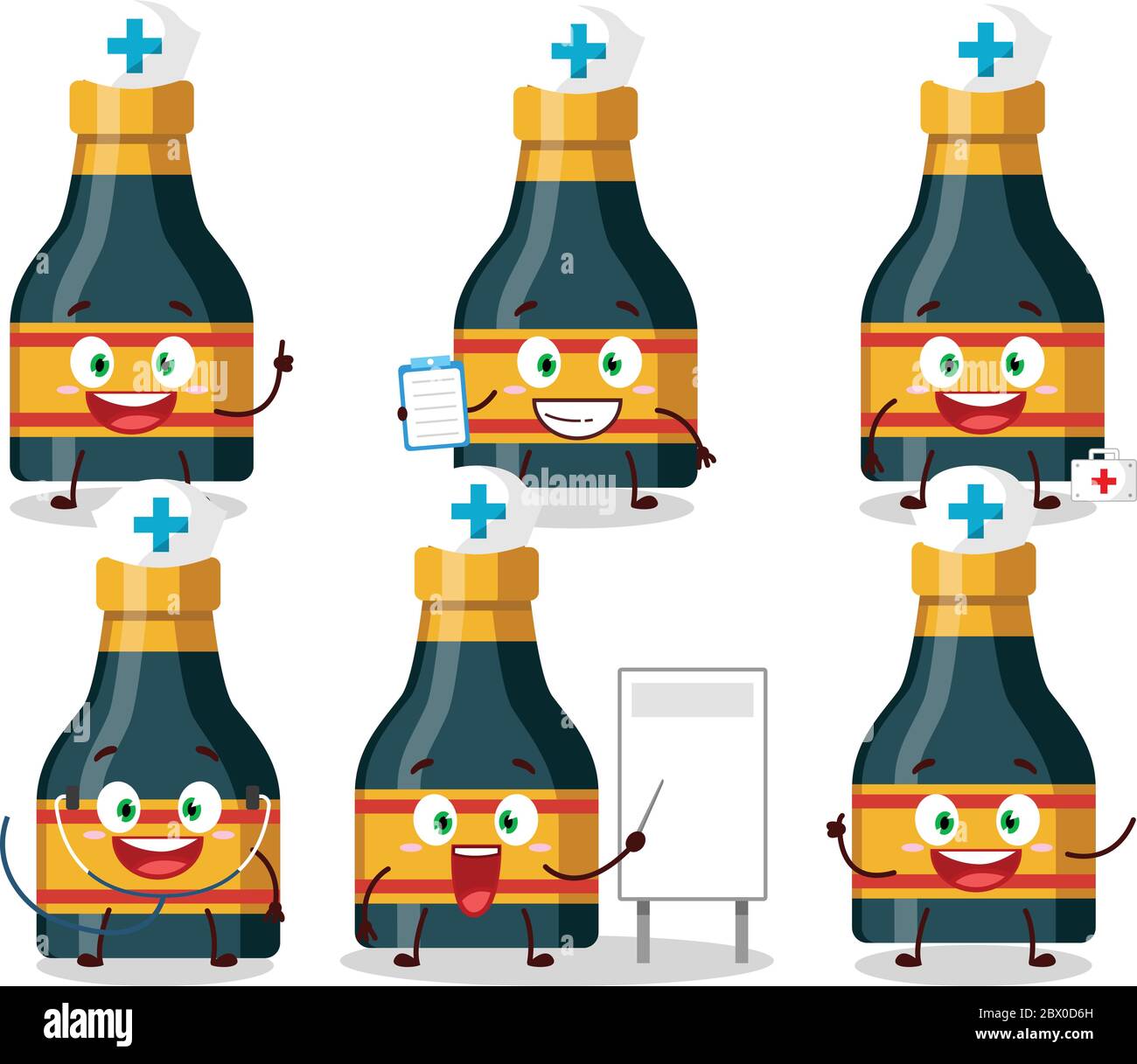 Doctor profession emoticon with wine bottle cartoon character Stock