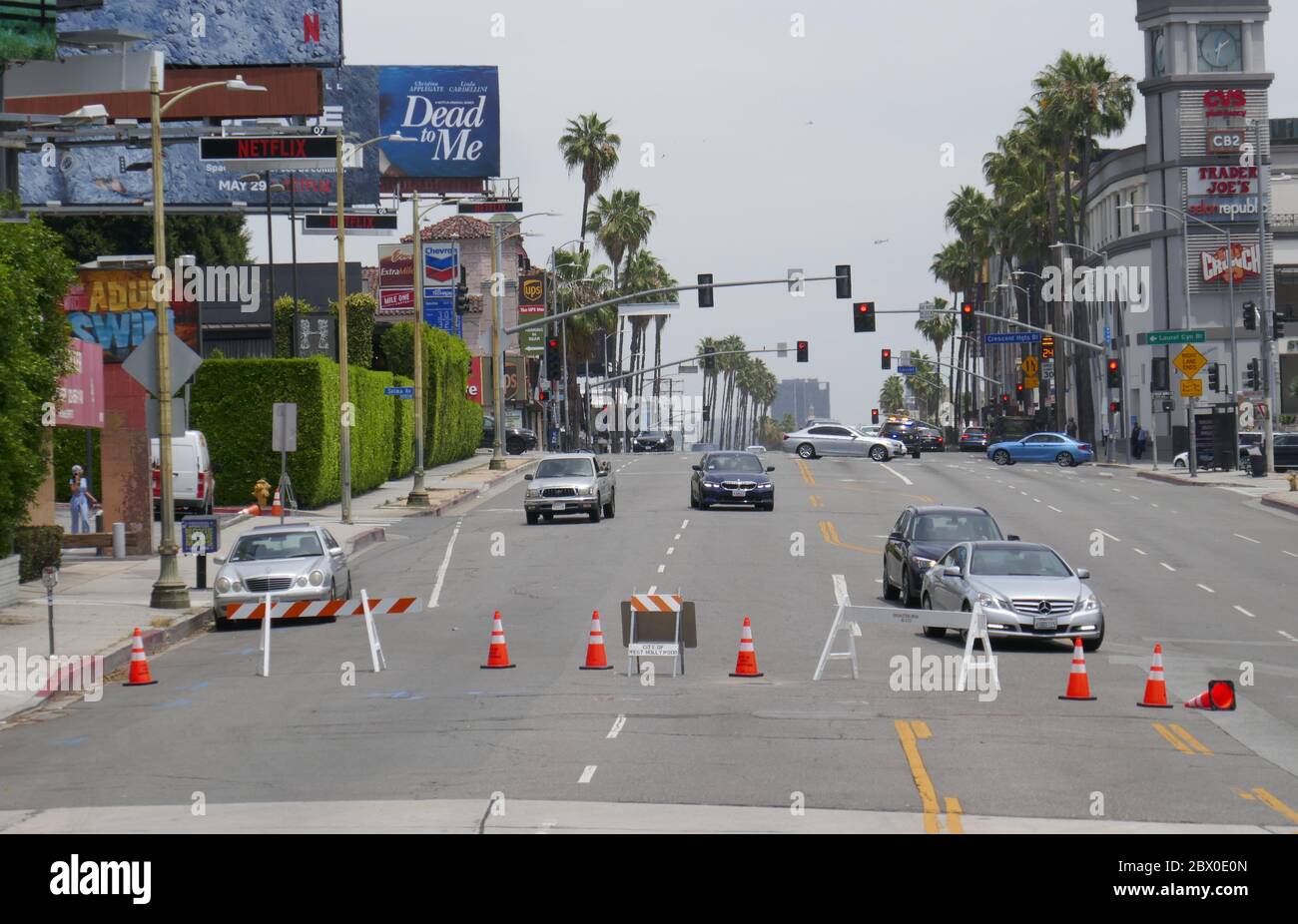 West Hollywood, California, USA 2nd June 2020 A general view of atmosphere of blocked off Sunset Blvd during the Coronavirus Covid-19 Pandemic as Black Lives Matter protests continue on June 2, 2020 in West Hollywood, California, USA. Photo by Barry King/Alamy Stock Photo Stock Photo