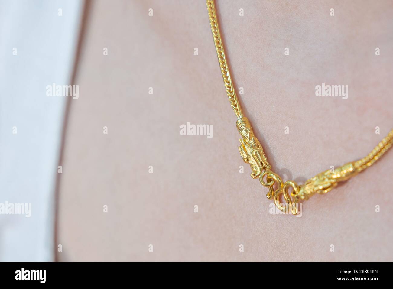 Close up. Beautiful neck girl with gold necklace. Woman in a golden dragon necklace jewelery. Beauty and accessories. Stock Photo