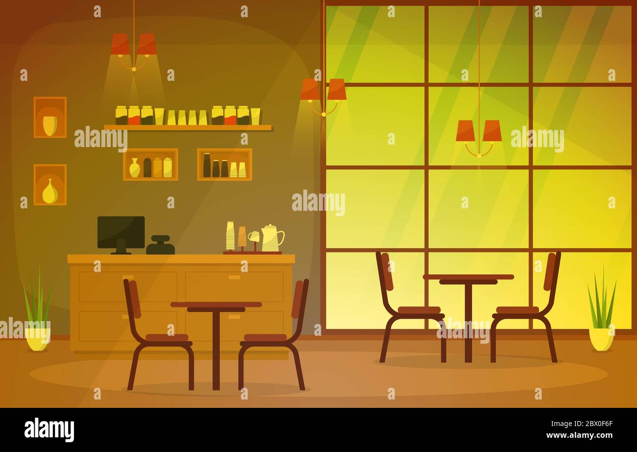 Modern Cafe Coffee Shop Interior Furniture Restaurant Flat Design ...