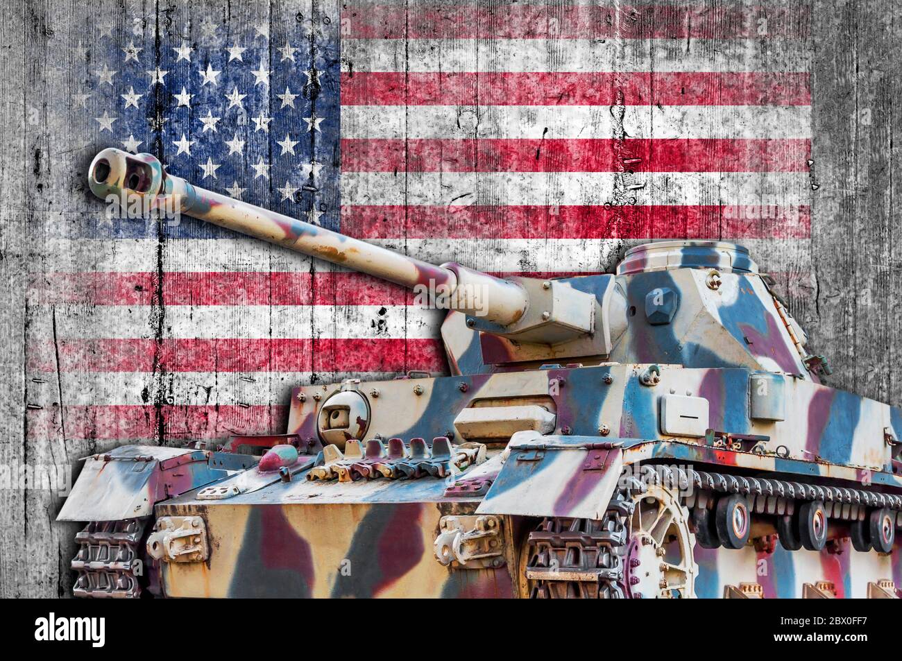 Military tank with concrete United States flag Stock Photo - Alamy