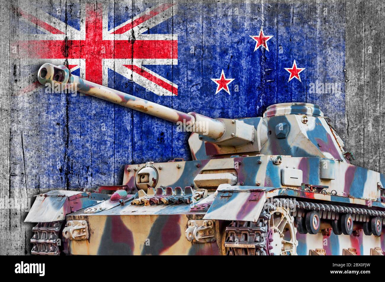 Military tank with concrete New Zealand flag Stock Photo