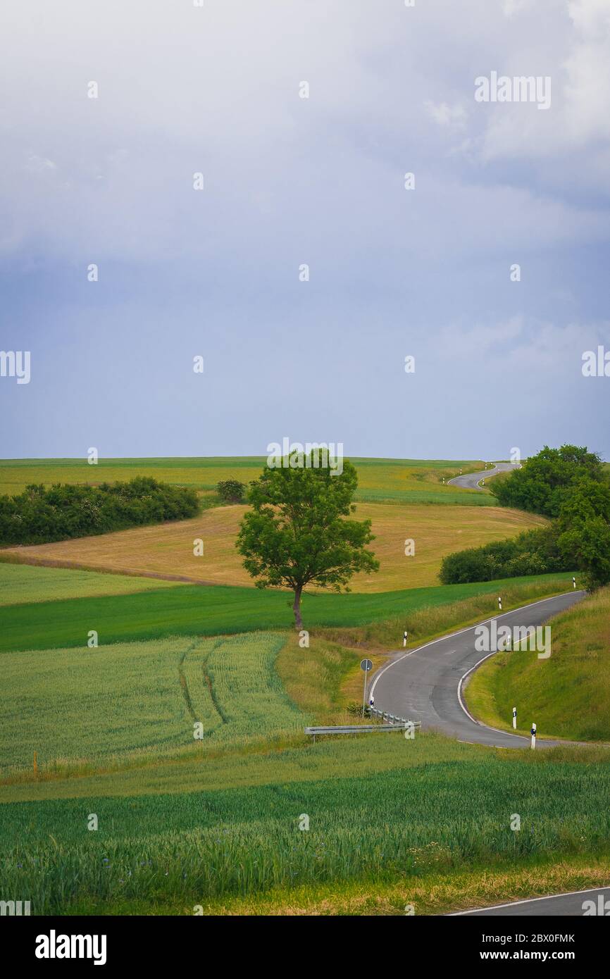 Idyllic countryside panoramic view. Green meadow, hills, field and road under blue sky Stock Photo