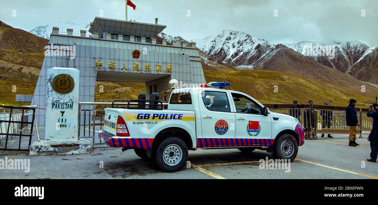 Gilgit Police Car at Khunjerab pass, Pak China Border 6/28/2018 Stock Photo