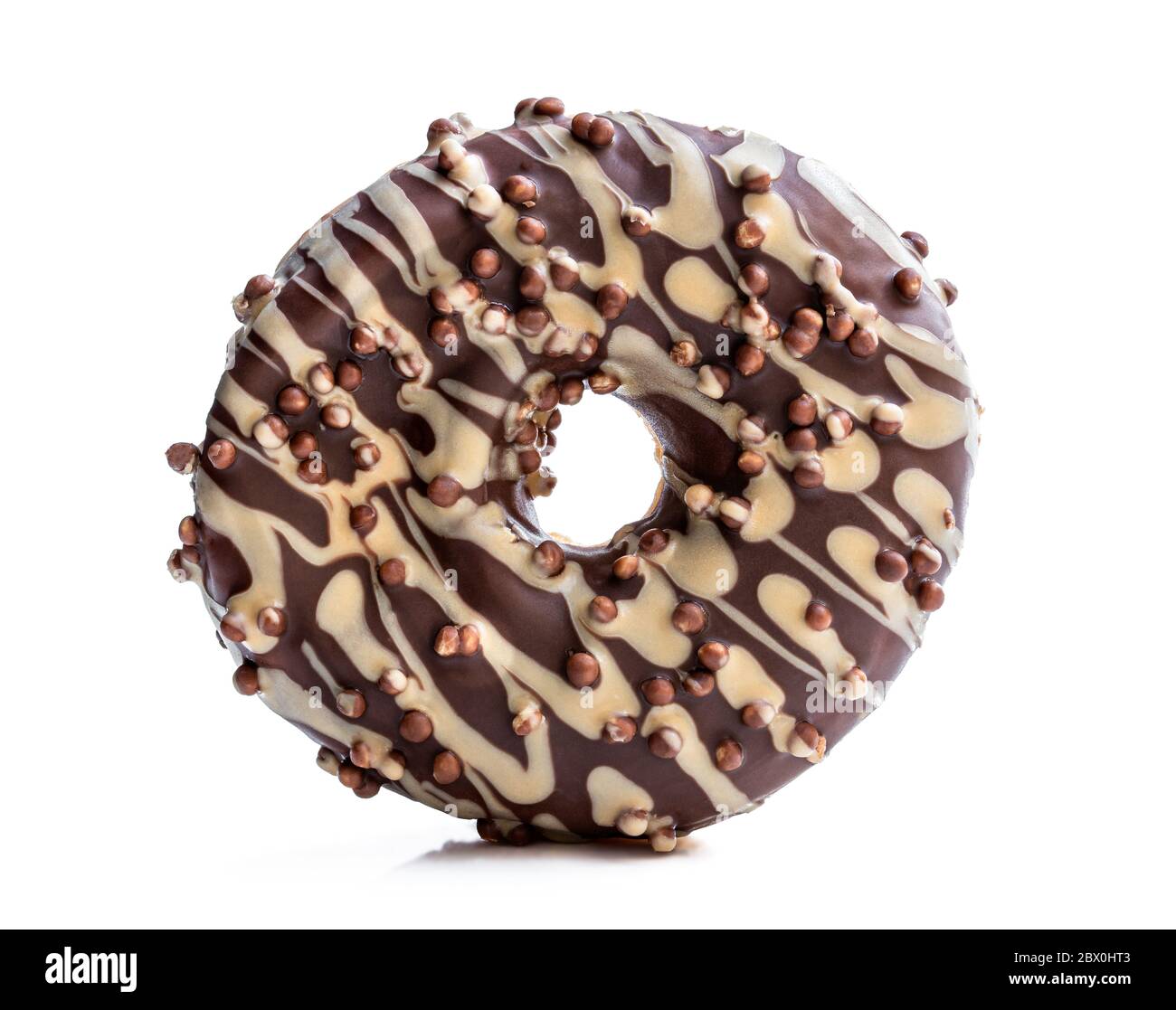 Doughnut covered with chocolate and caramel icing isolated on white