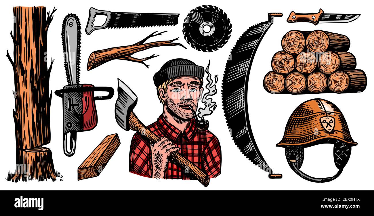 Lumberjack with axe. Woodsman character and work tools Set. Downed logs, Saw or chainsaw. Hand drawn elements. Logger or axeman or woodcutter. Vector Stock Vector