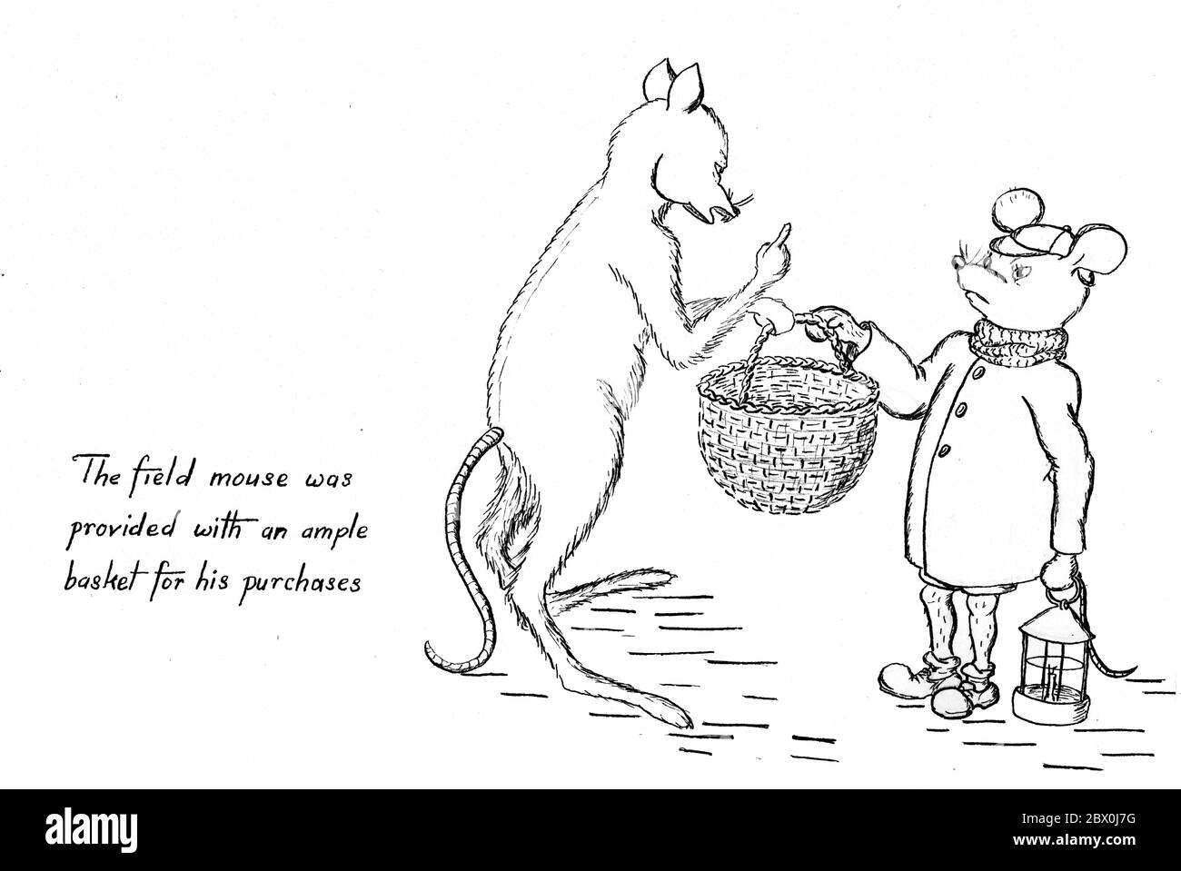 'Finally, there was a chink of coin passing from paw to paw, the field-mouse was provided with an ample basket for his purchases, and off he hurried, he and his lantern.' - Original unpublished pen drawing/sketch by authoress Elizabeth Ince (1927-1972) to illustrate Kenneth Grahame's Wind in the Willows Stock Photo