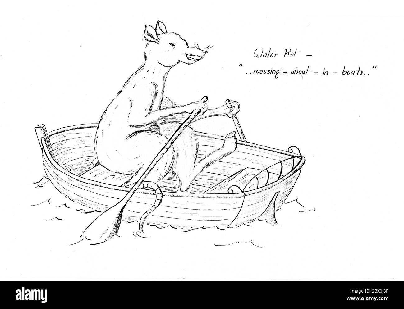 '“Believe me, my young friend, there is nothing - absolutely nothing - half so much worth doing as simply messing about in boats.”' - Original unpublished pen drawing/sketch by authoress Elizabeth Ince (1927-1972) to illustrate Kenneth Grahame's Wind in the Willows Stock Photo