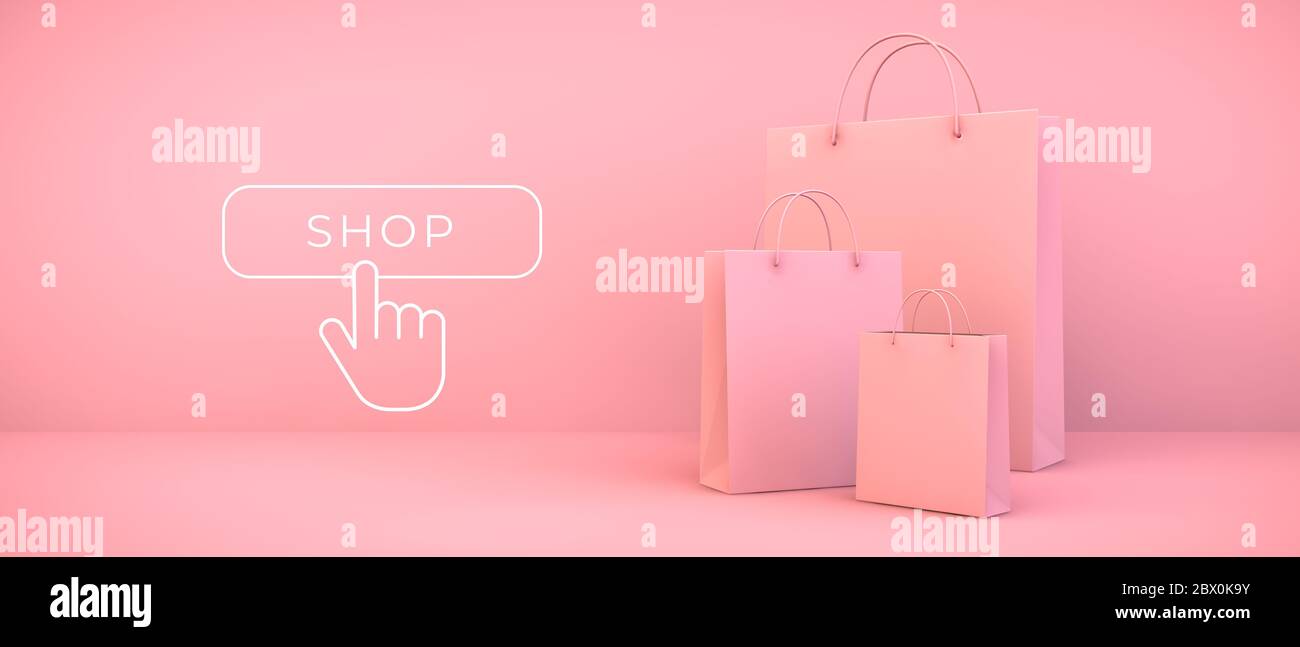 pink shopping bags 3d rendering with button illustration Stock Photo ...