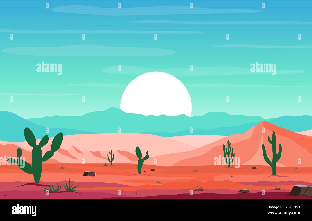 Day in Vast Desert Rock Hill Mountain with Cactus Horizon Landscape