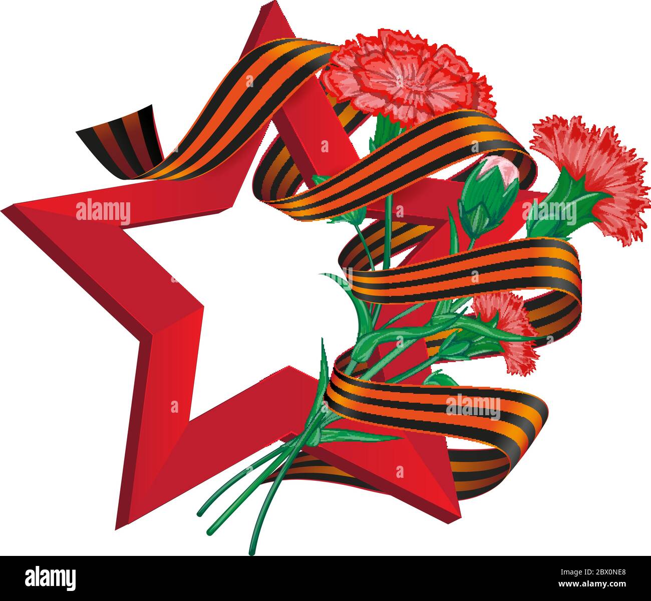 Red soviet star with carnation bouquet and Saint George ribbon to 9 May Victory Day Russian national holiday celebration greeting card or banner with Stock Vector