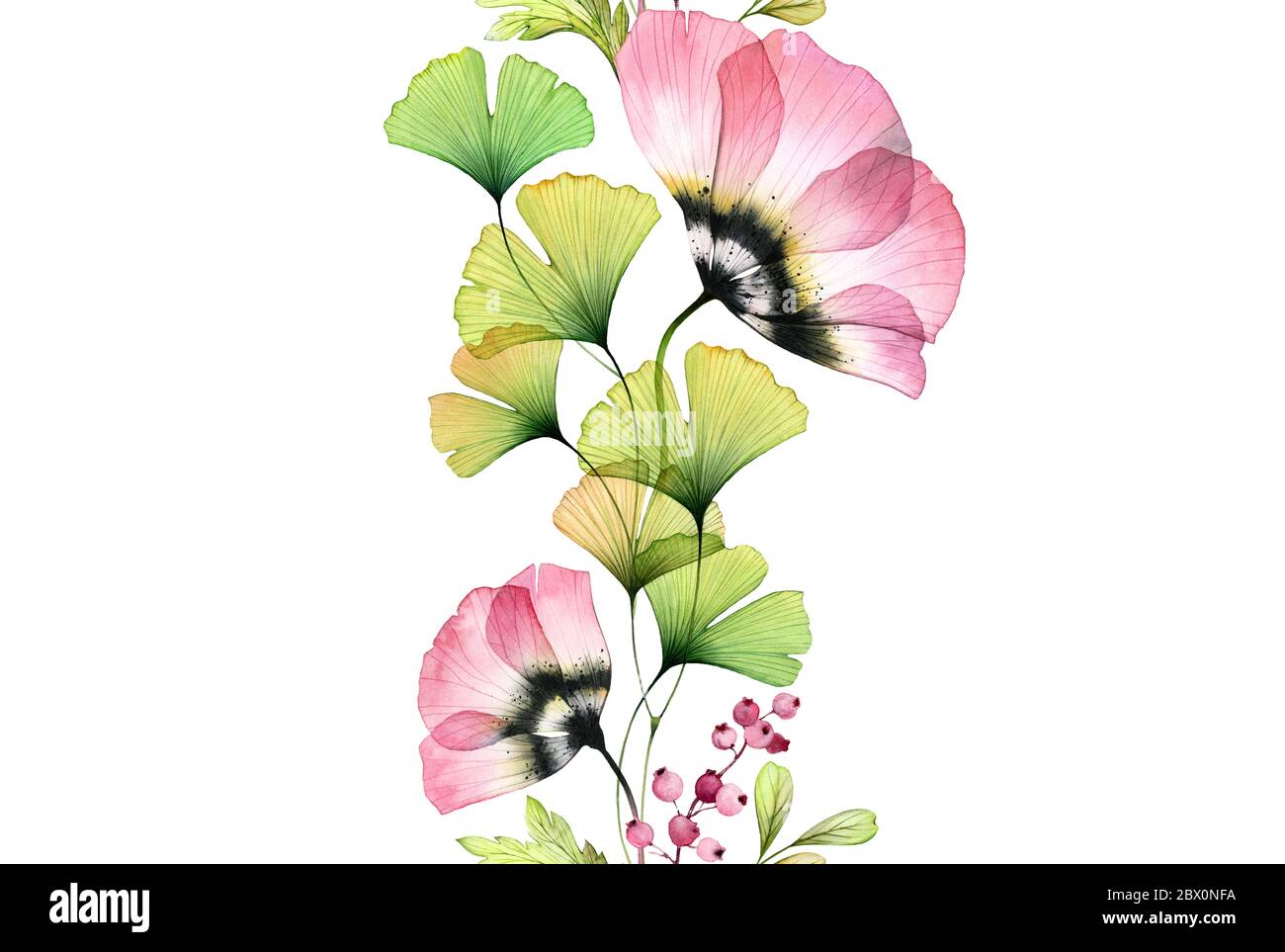 Watercolor tulips seamless border. Vertical repetitive pattern. Abstract pink flowers with ginkgo eaves on white. Botanical illustration for cards Stock Photo