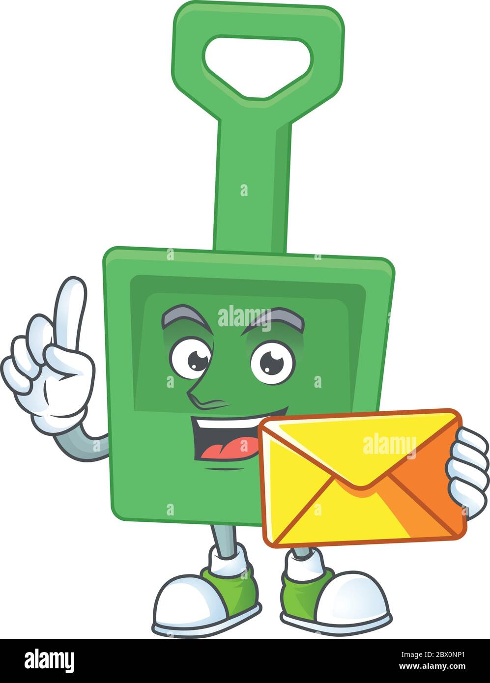 A cartoon picture of green sand bucket bring brown envelope Stock