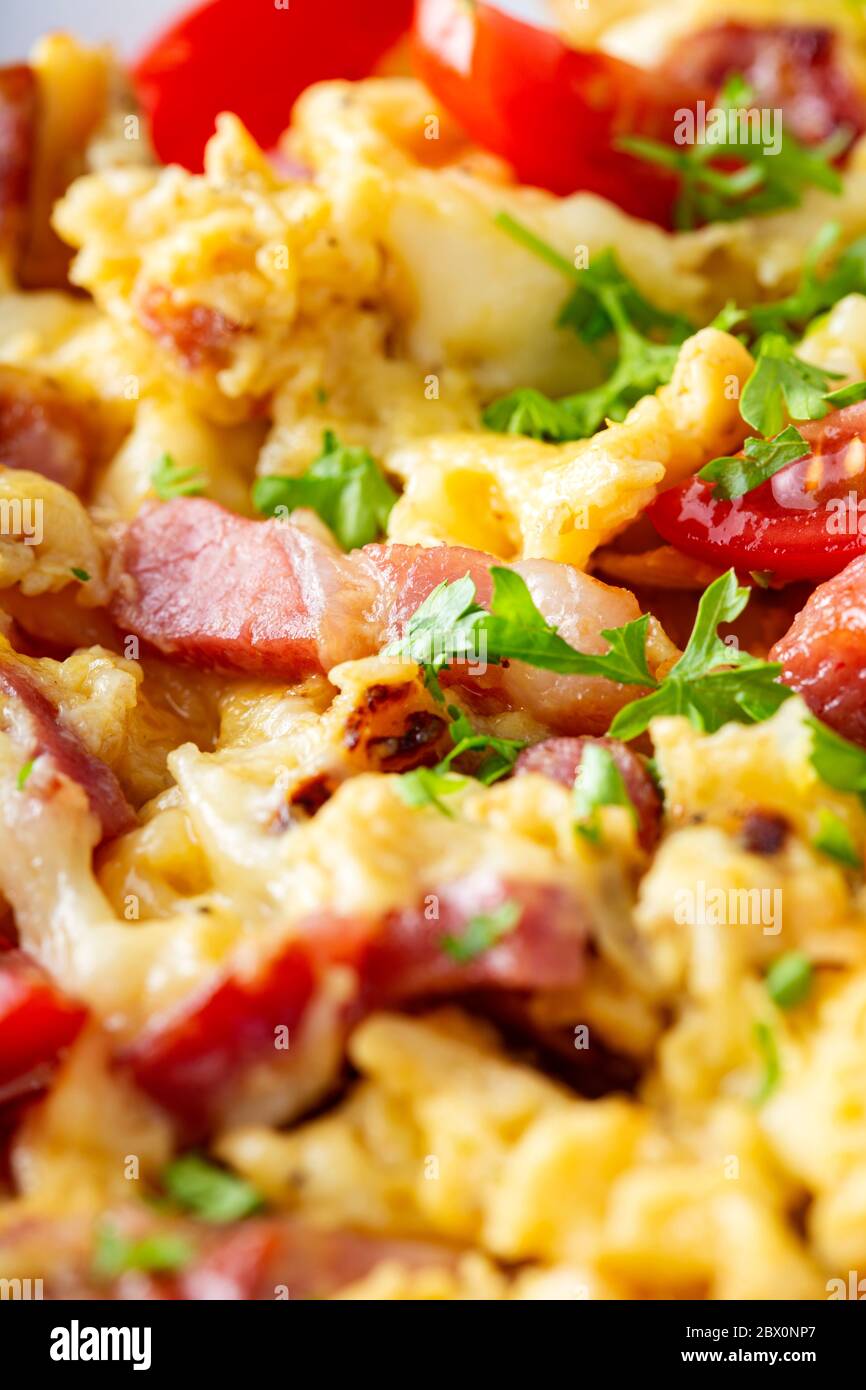 Fresh omelet with bacon and cheese - close up view Stock Photo