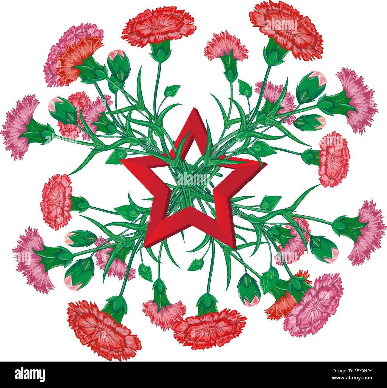 Red carnation bouquet with Saint George ribbon and soviet star to 9 May Victory Day Russian national holiday celebration greeting card or banner with Stock Vector