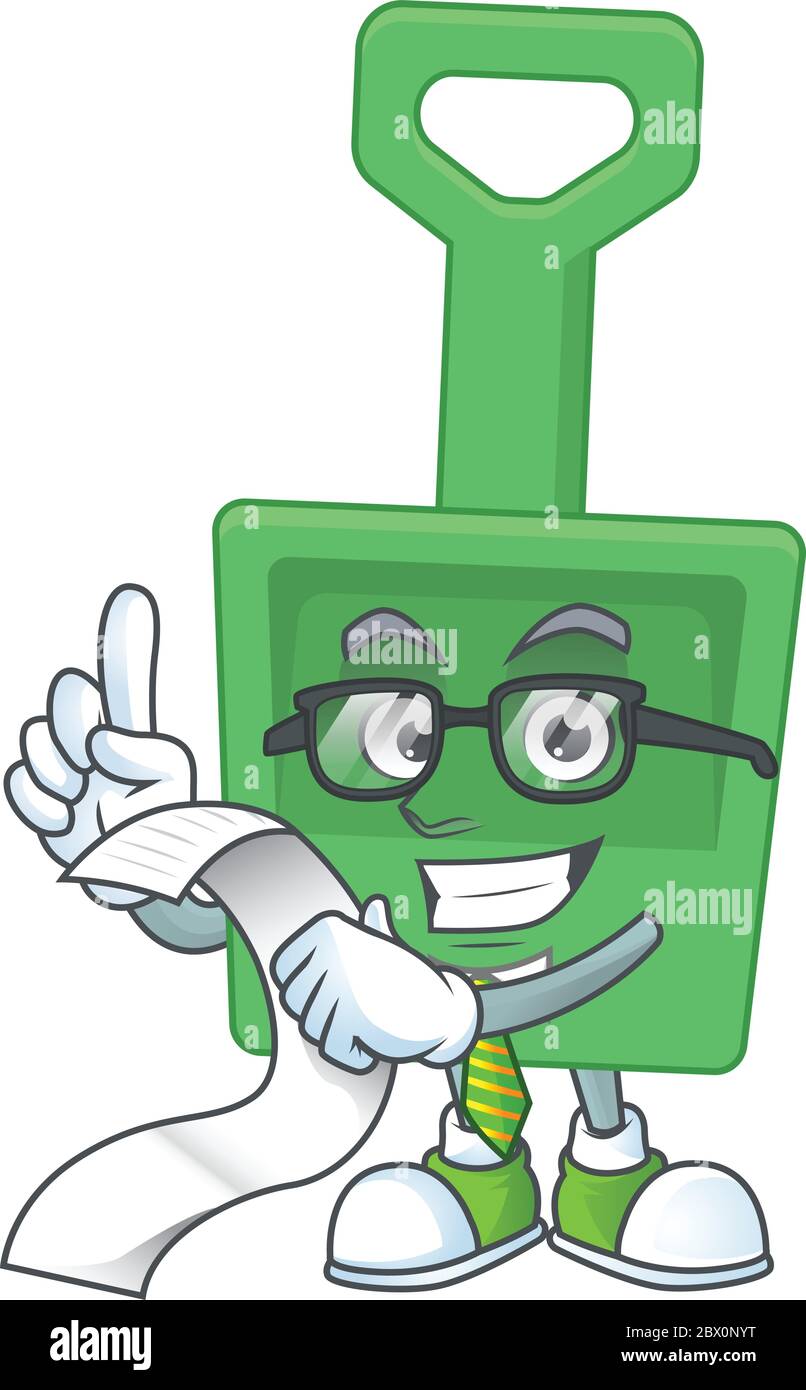 cartoon mascot design of green sand bucket holding a menu list Stock
