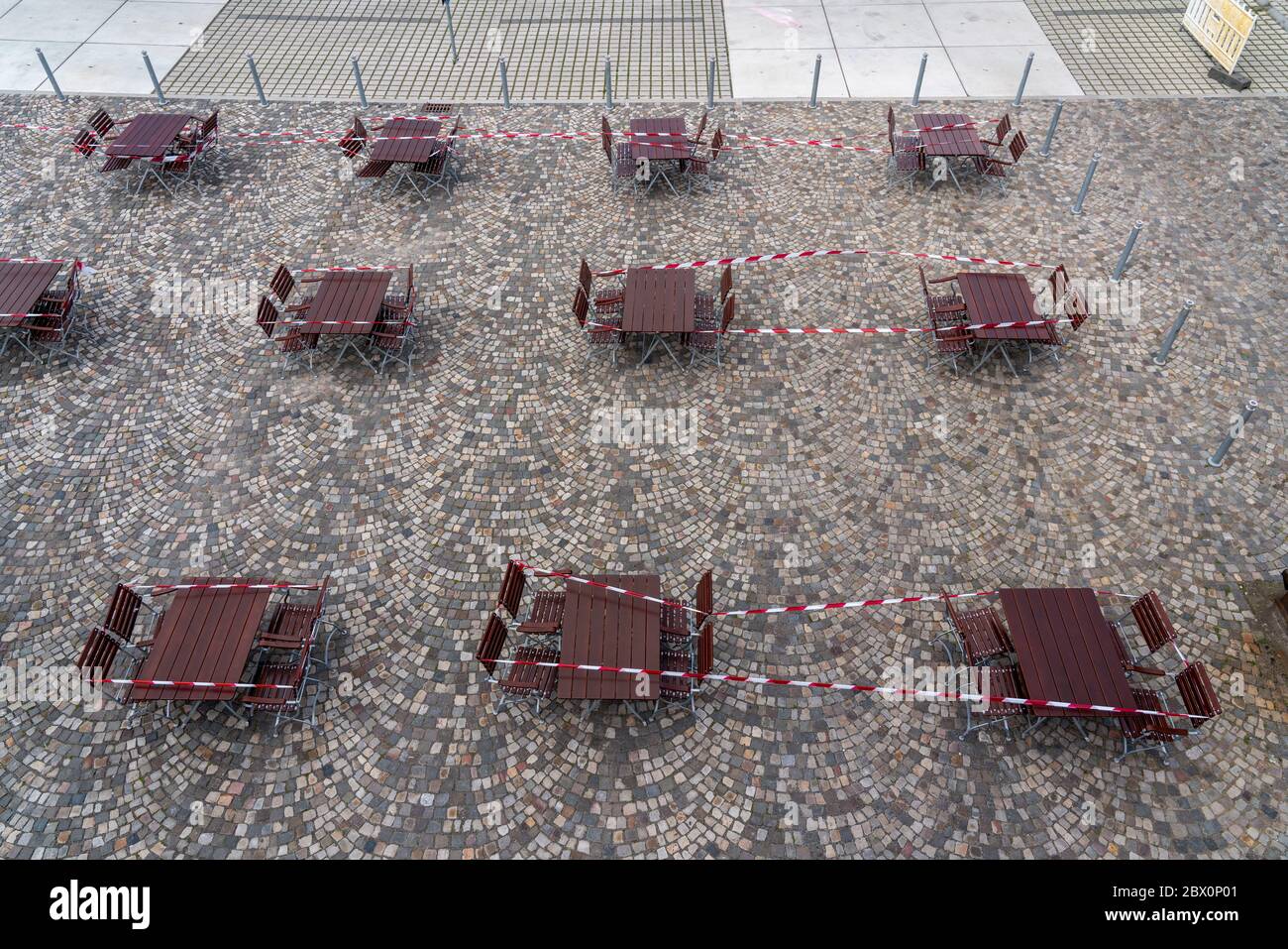 Gastronomy during the Corona crisis, locked tables in beer garden, Essen, Ruhr area, NRW, Germany Stock Photo