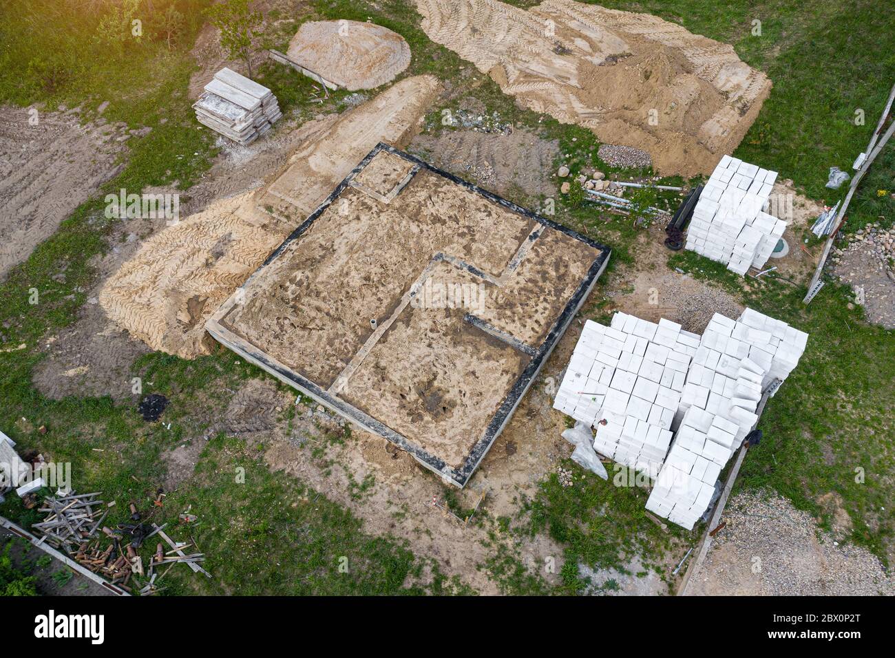 Top Ribbon Contruction ribbon Foundation of a residential building top view from a drone Stock ...