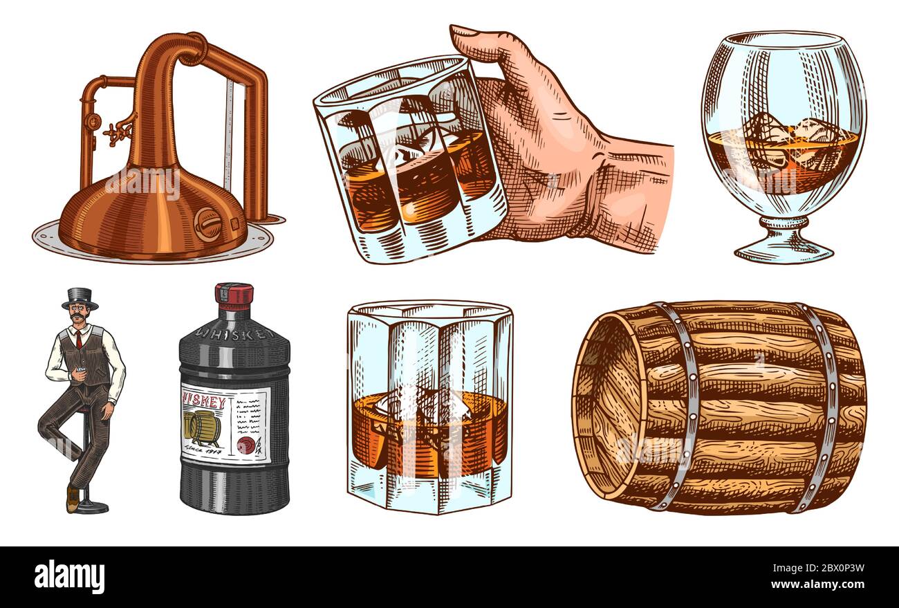 Vintage Whiskey set. Wooden barrel, scotch and bourbon, wheat and rye, Glass bottle, Victorian man, cheers toast. Strong Alcohol drink. Hand drawn Stock Vector