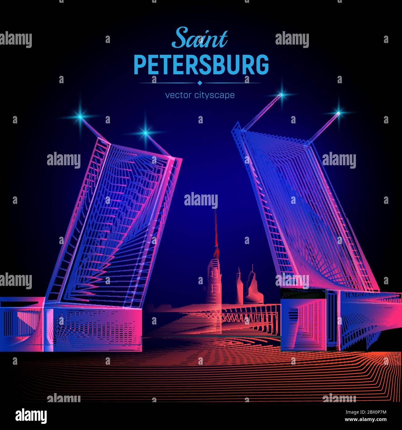 Vector Saint Petersburg night view from the Neva river Palace bridge of the Peter and Paul Fortress with abstract 3d geometry lines and gradient waves Stock Vector