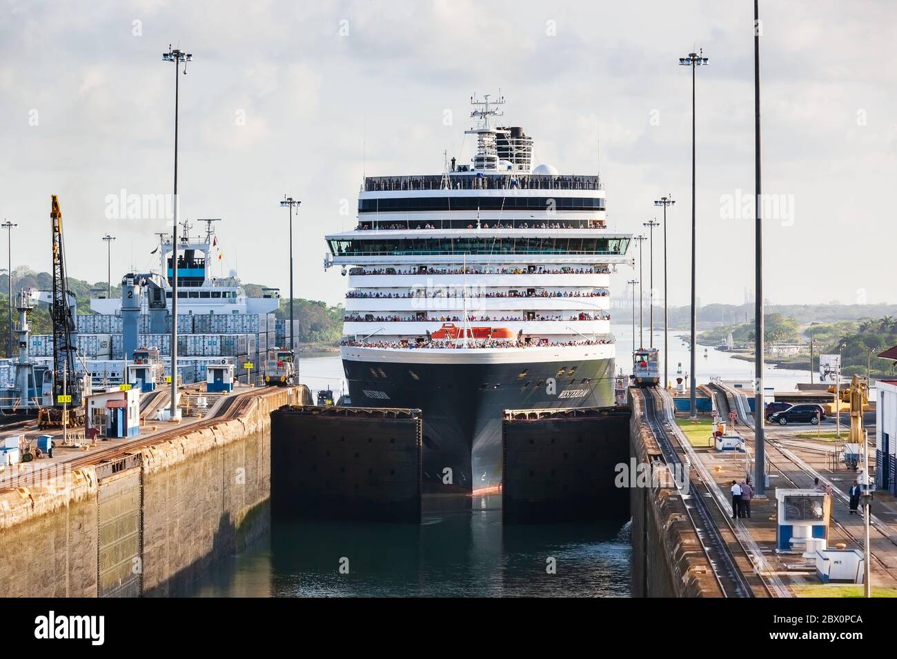 Panama Canal, Panama - April 20, 2011: Ship enters locks at Gatun. Stock Photo