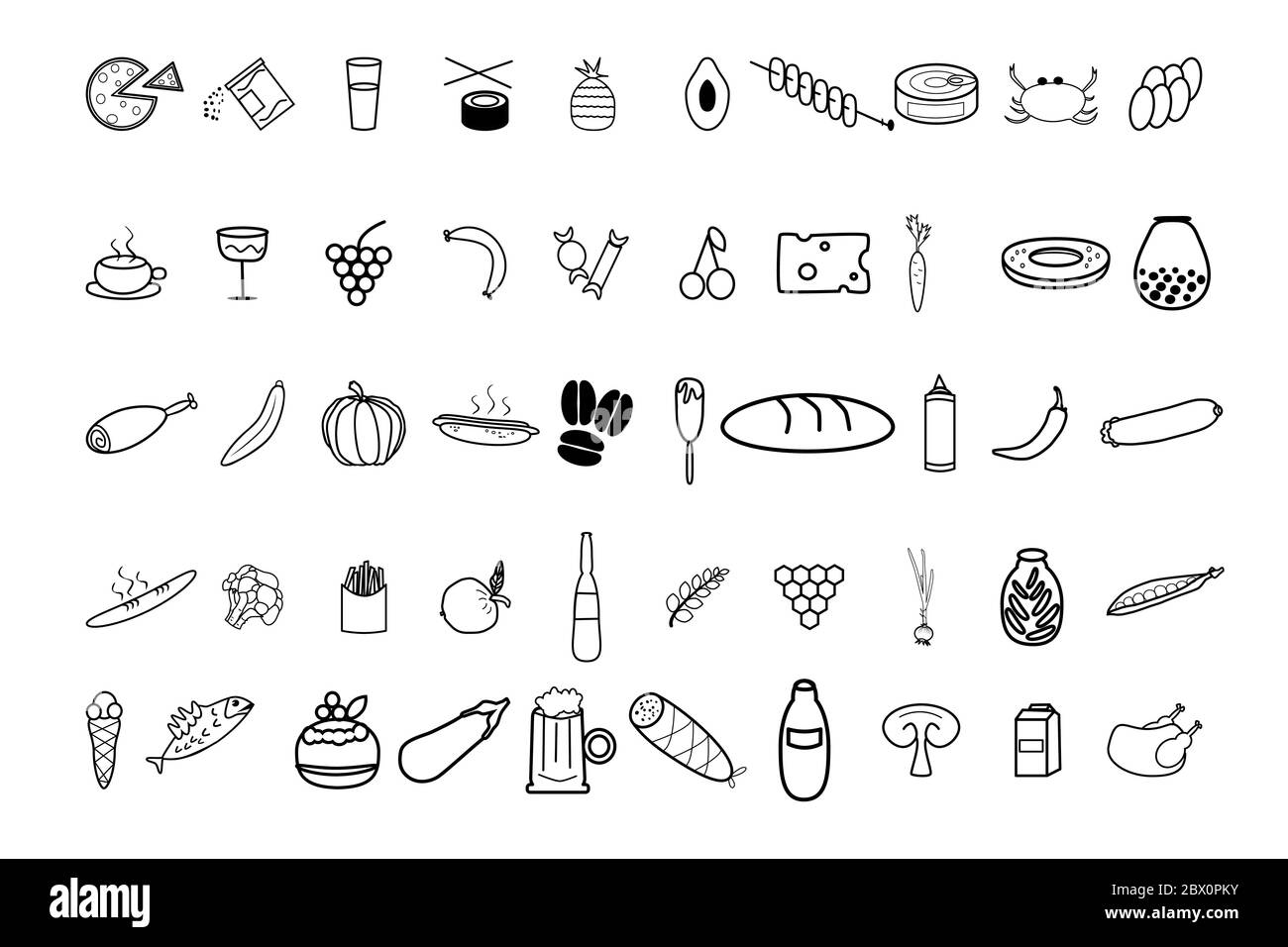 Food and cooking icon line big set. Minimalist vector symbols for mobile, applications and packing design. Collection of stroke food and drinks sign Stock Vector