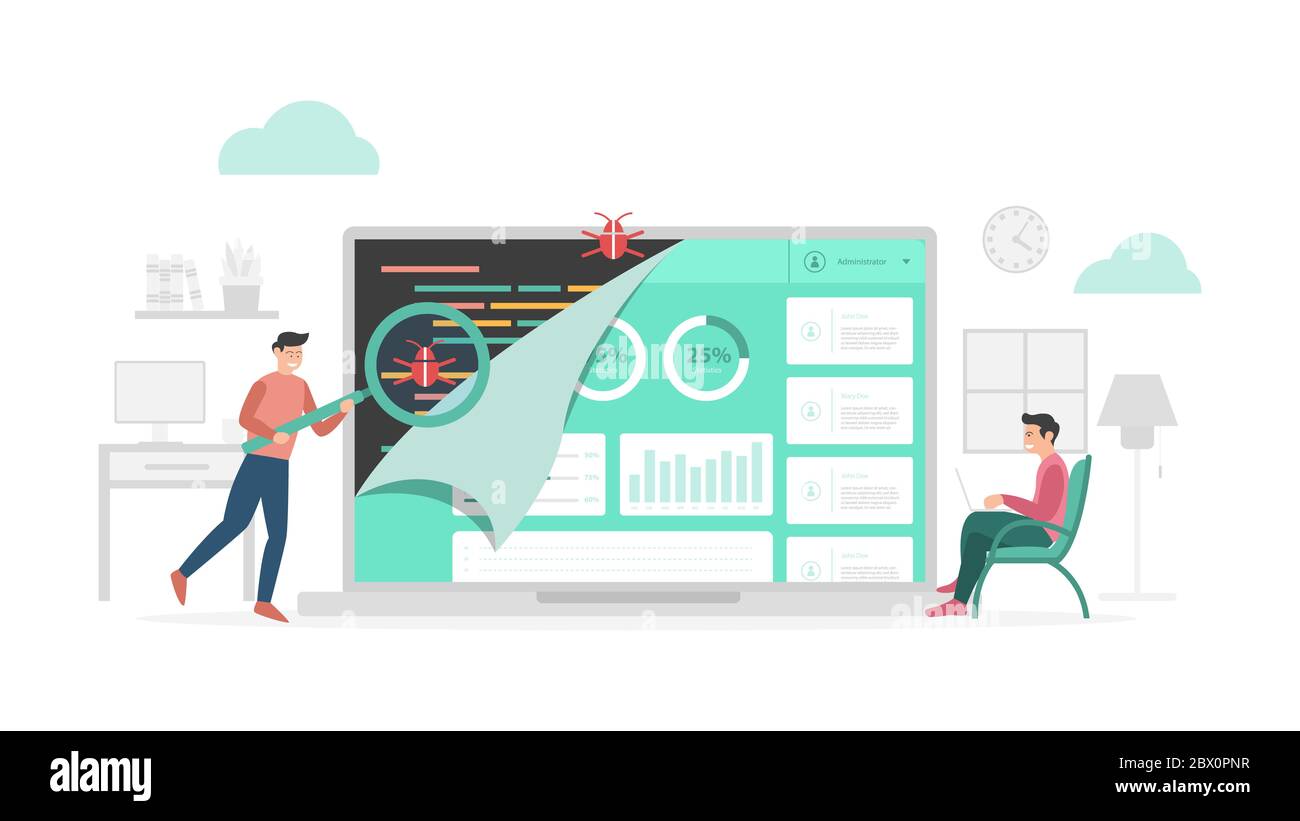 qa quality assurance check data program bugs with modern flat style and minimalist green color theme vector Stock Photo
