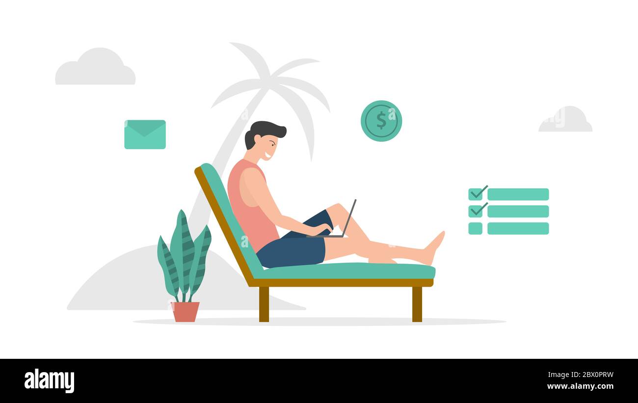 digital nomad freelancer work on beach with modern flat style and minimalist green color theme vector Stock Photo
