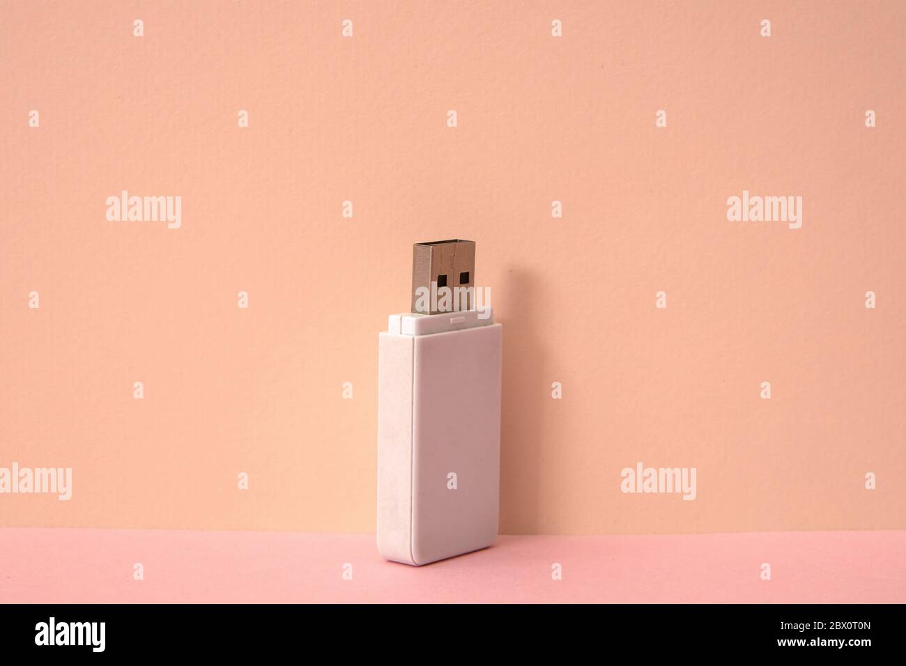 Pink color background and white USB memory storage. Stock Photo