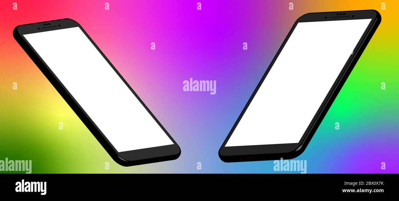 Two smartphone mockups. UI 3D design template for illustrations. Greyscale on colored gradient background with white screen. Stock Vector