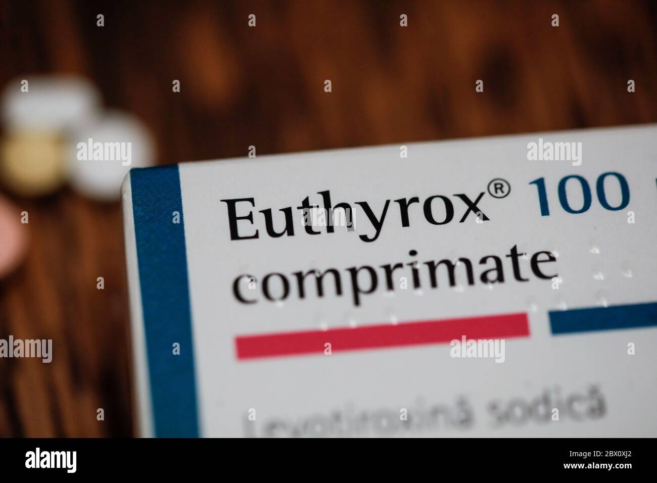 Bucharest, Romania - June 4, 2020: Details with Euthyrox medicine, a cure for Hypothyroidism. Stock Photo