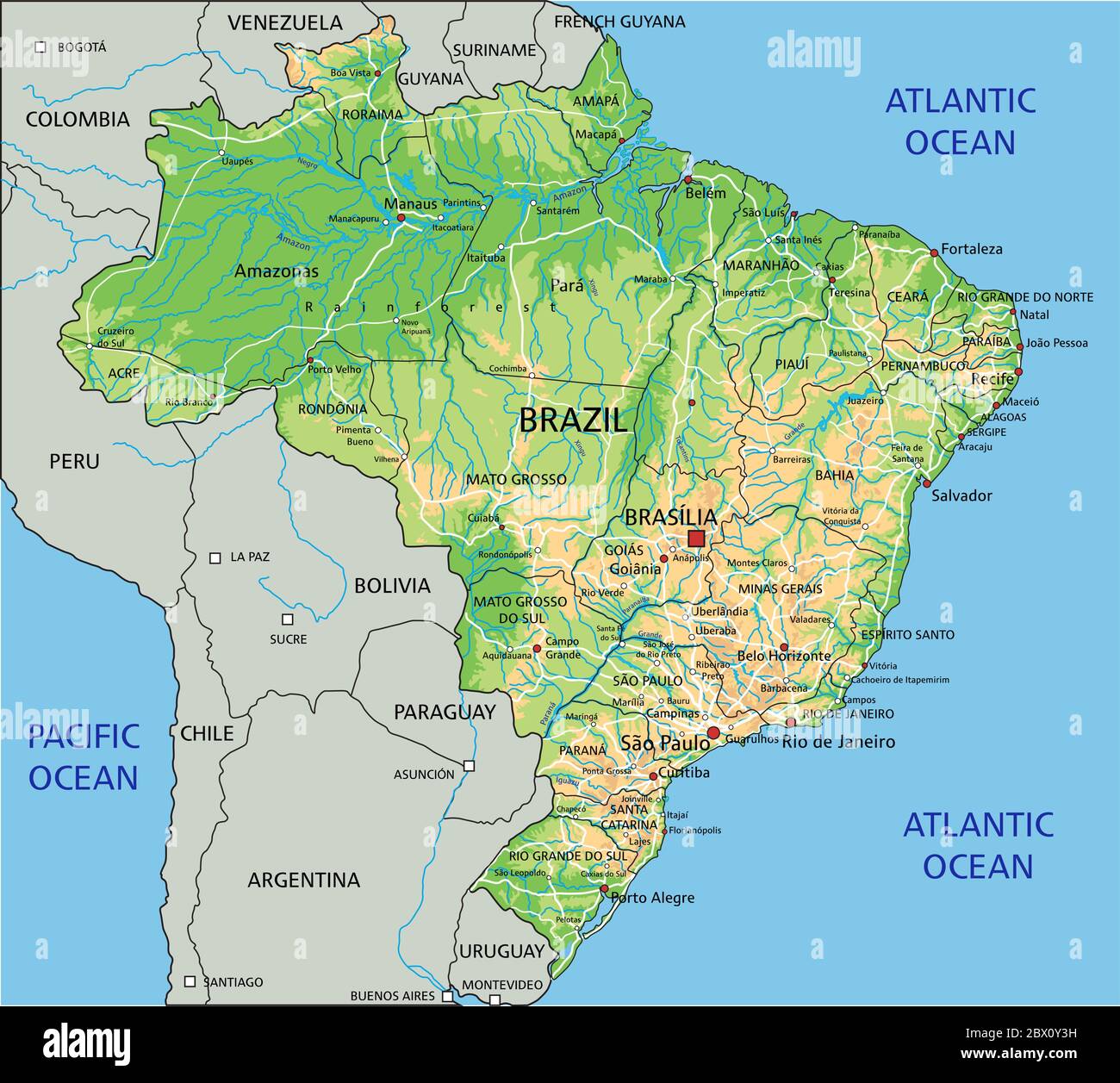 High detailed Brazil physical map with labeling Stock Vector Image & Art -  Alamy