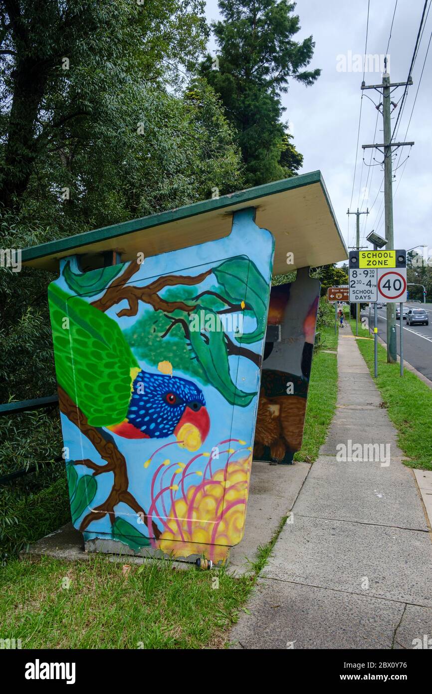 Mural on bus shelter on the Great Western Highway at Woodford in the Blue Mountains, New South Wales, Australia Stock Photo