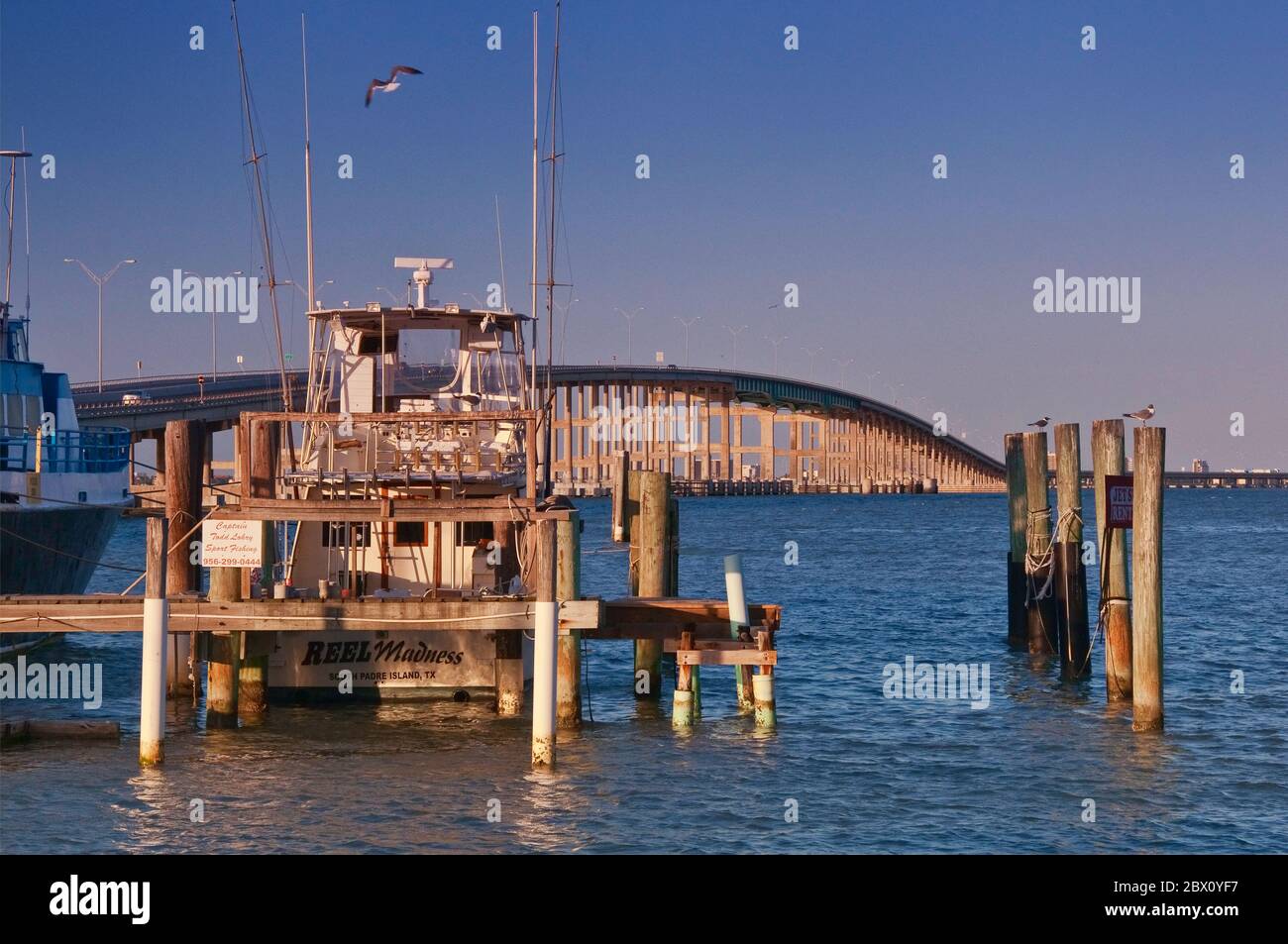 Shrimp boat, Laguna Madre Causeway bridge behind, Port Isabel, Gulf of Mexico seashore, Texas, USA Stock Photo