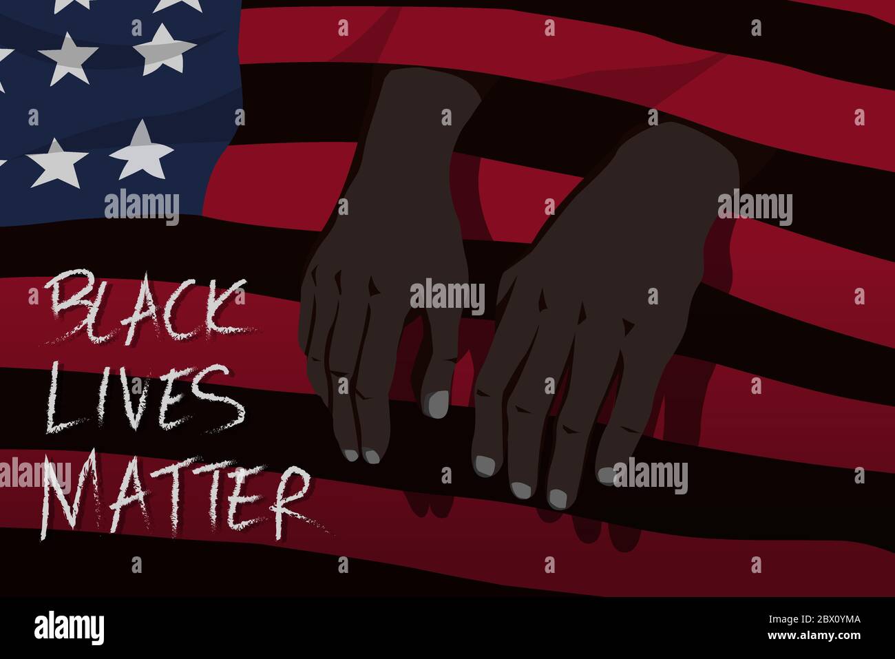black lives matter concept. hands of black people sifted out of the hole of black spaces of the America flag to convey the restriction of human rights Stock Vector