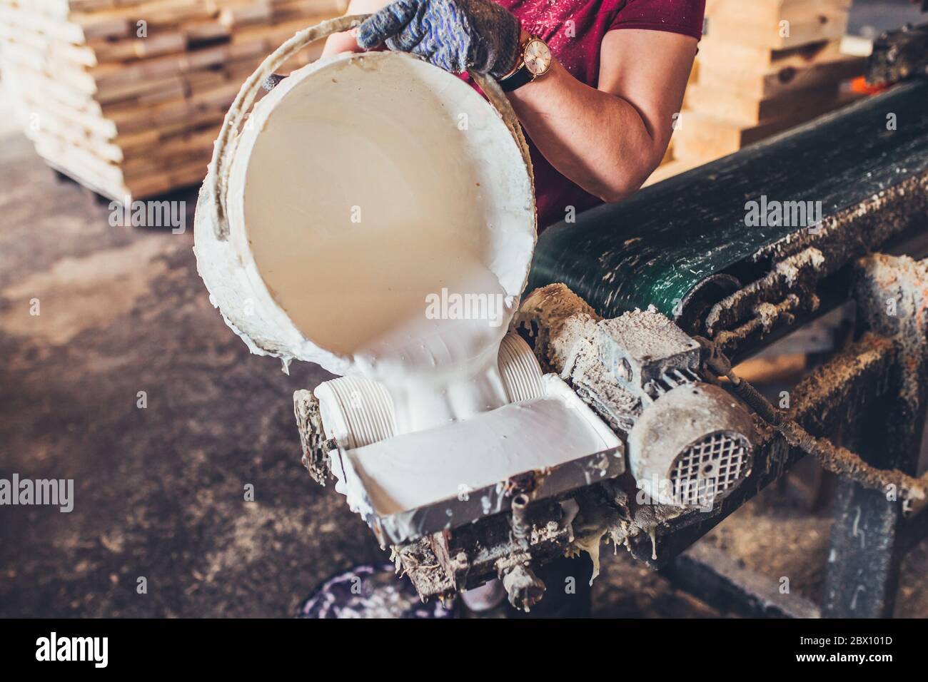 Production line for manual splicing of boards from treated and glued bar - sawmill - production of glued laminated timber Stock Photo